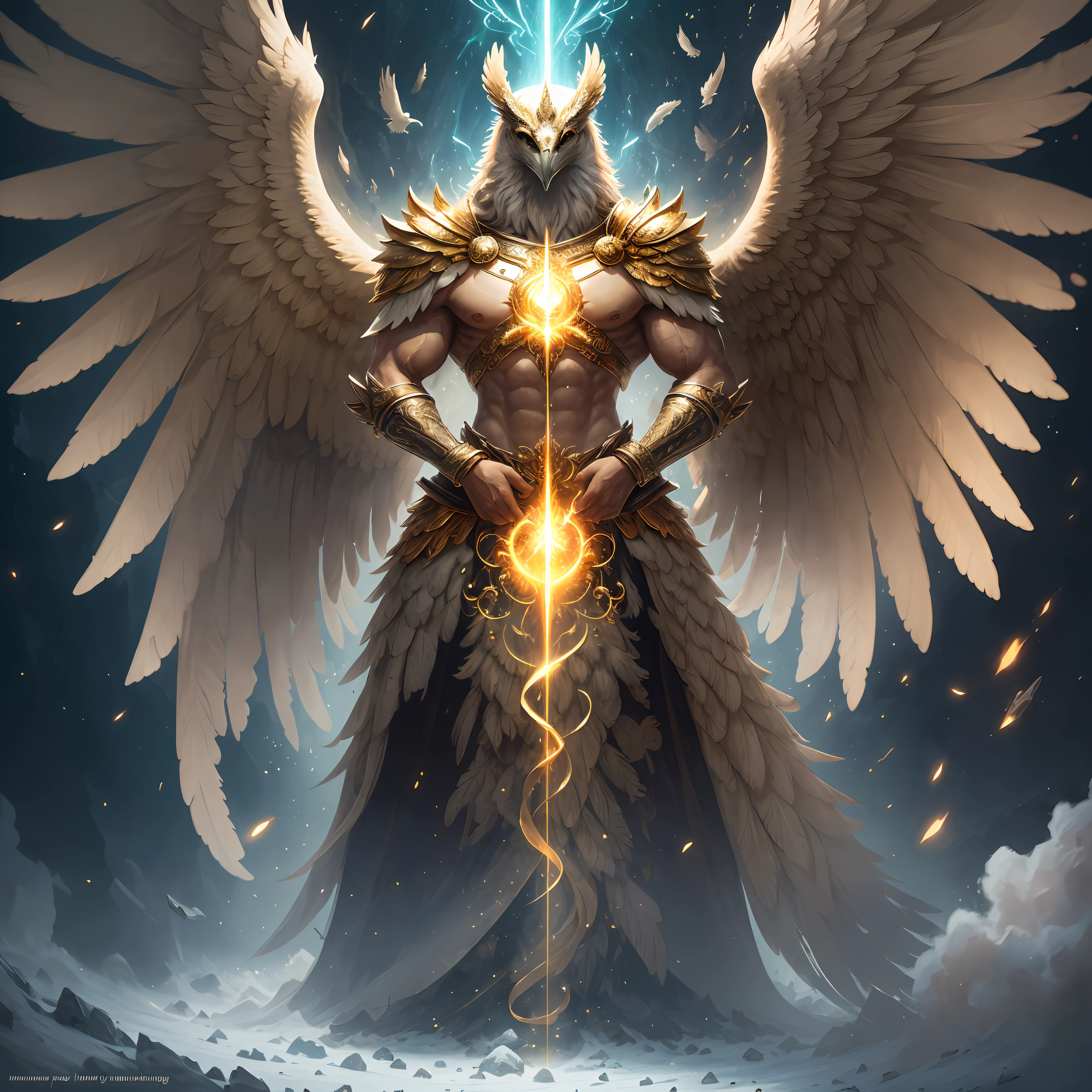The anthropomorphic eagle vulture can be described as having a human body and (eagle's head) and golden wings, human arms, upright walking creatures, ((beautifully detailed griffin)) (extremely detailed CG Unity 8k wallpaper), professional majestic oil painting by Ed Blinky, Atea Gaylan, Studio Ghibli, Jeremy Mann, Greg Manches, Antonio Exhibited at ArtStation, Moreau was popular at CGSociety, with dramatic photorealistic paintings by Complex, High Detail, Sharp Focus, Midjourney, and Greg Rutkowska. super high resolution, best quality, photos, 8K, (Realistic: 1.2), cinematic lighting, giant in bright gold robe with golden feathers, floating on the crystal throne, floating on a crystal cloud, yellow eyes, bright yellow light emanating from the throne, gemstone floating in the sky, God, a beam of light shrouds his body, The crystal throne has large translucent (golden feathered wings) with wings spread, Golden light overhead (aura: 1.2), abdominal muscles wearing medieval golden armor, golden feathers, masculinity, darkness, masterpiece, best quality, intricate details, snow environment and crystal in background, crystal cathedral, futuristic portal, 3D light, HD, magic, light god, backlight, detailed face, fear, depth of field, soft lighting, tone mapping, high detail, concept art, smooth, clear focus, dramatic lighting, highly detailed art, film, 8K, Amazing shadows (highly detailed background: 1.2) --auto --s2