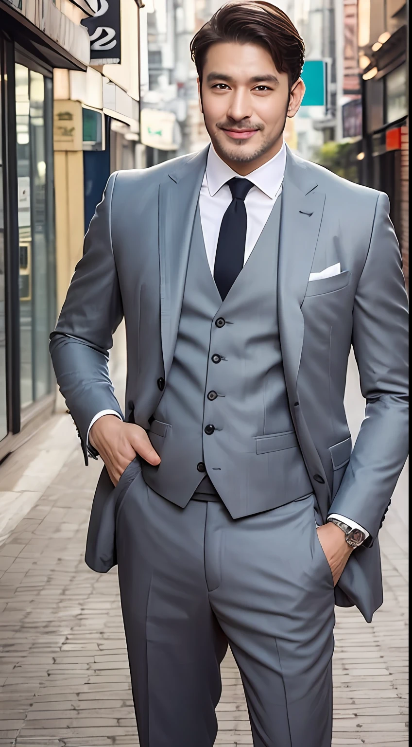 The photograph captures a handsome middle-aged man, aged between 30 and 40. He has a well-groomed appearance with a stylish haircut and a neatly trimmed beard. His face exudes confidence and maturity, with a warm and approachable smile. He may be wearing a fashionable outfit that complements his suave personality, such as a tailored suit or a casual yet refined attire. The background of the photograph is set in an urban environment, showcasing a bustling cityscape or a sophisticated interior space. It may feature iconic landmarks, architectural elements, or a tastefully decorated setting that adds a touch of sophistication. The overall composition highlights the man's charm, combining his age and charisma in a captivating portrayal.