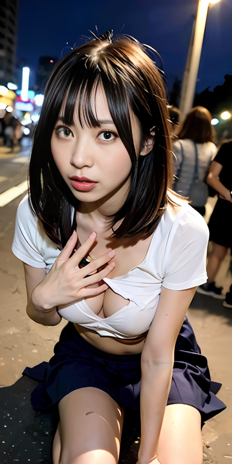 1人の女の子、tokyo street、NIGHT、street scenery、city lights、(8k、RAW Photography、sthe highest qualit、Master peace、:1.2)、(Realstic、photoreal:1.37)、((14歳))、Skirt up、Very detailed face and skin texture、Open clothes、(Torn school uniform)、Japanes girl、(Exposed Breasts)、((Wearing sweat))、((Expose the tip of the chest))、((More angles taken from below))、tiny breasts、Side lying、bangs、Underwear is visible、with mouth open、Red Cheeks
