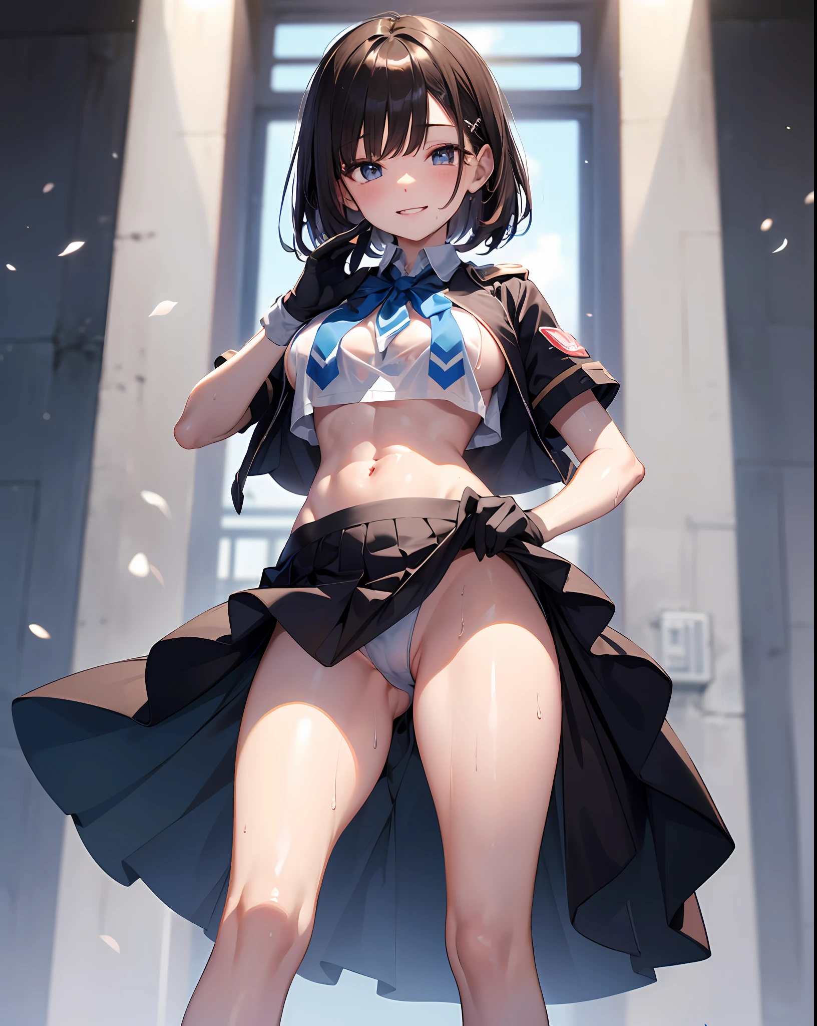 1young_TEEN_The girls、Loli、brown_haired、、medium_bob_haired、、blue_midriff_baring_sailr_uniform、mini_skirts、short_Short Sleeves、thighlet、big_titty,closed_eye,, Childlike smile、open_gura、standing a,dock_background ,、 ,、 ,、、spread_legs、、、、happiness、NSFW、short_glove, wet,transparent,covered_titsnipples, covered_crotch、opening legs, under_titty, Wearing sweat, bare_thighlet, (groin:1.5), soo_skins、,