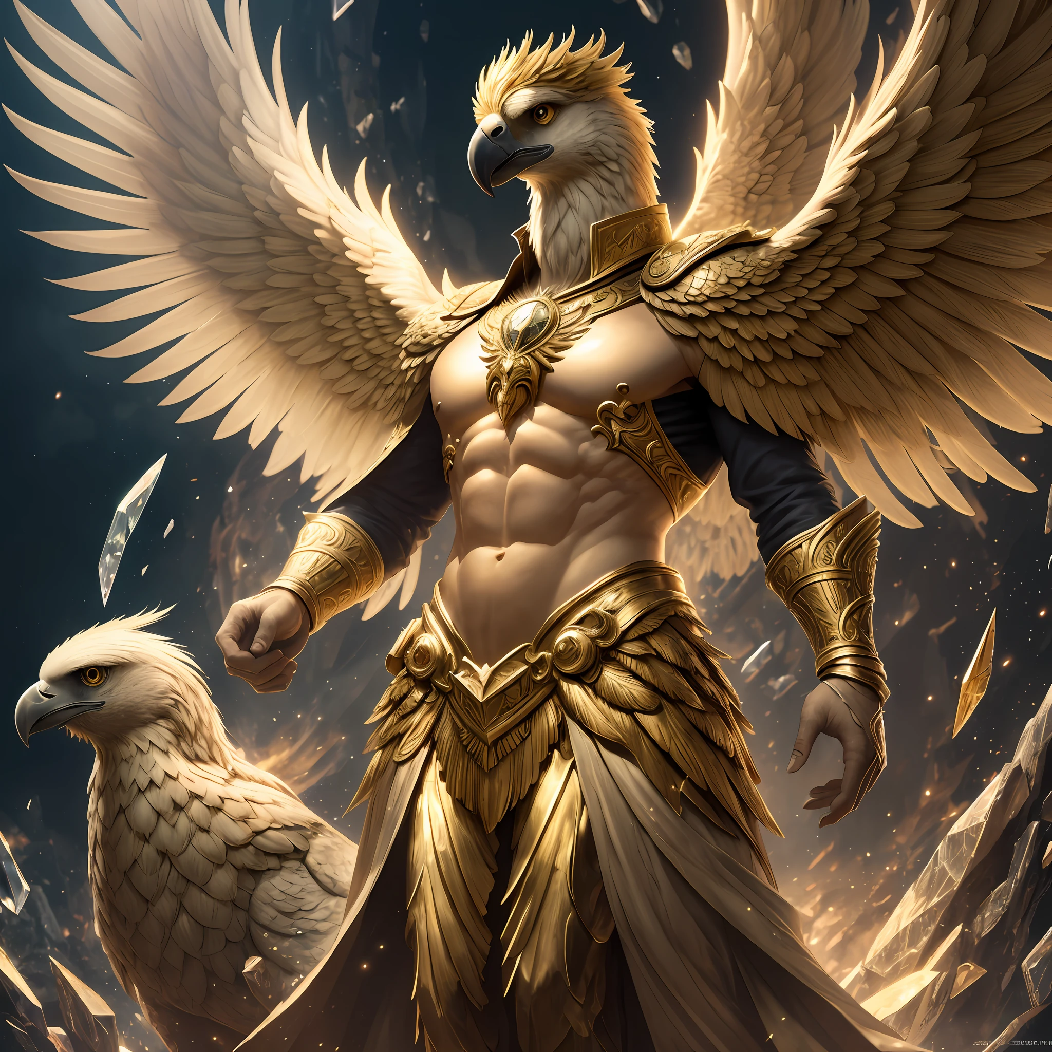 The anthropomorphic eagle vulture can be described as having a human body and (eagle's head) and golden wings, human arms, upright walking creatures, ((beautifully detailed griffin)) (extremely detailed CG Unity 8k wallpaper), professional majestic oil painting by Ed Blinky, Atea Gaylan, Studio Ghibli, Jeremy Mann, Greg Manches, Antonio Exhibited at ArtStation, Moreau was popular at CGSociety, with dramatic photorealistic paintings by Complex, High Detail, Sharp Focus, Midjourney, and Greg Rutkowska. super high resolution, best quality, photos, 8K, (Realistic: 1.2), cinematic lighting, giant in bright gold robe with golden feathers, floating on the crystal throne, floating on a crystal cloud, yellow eyes, bright yellow light emanating from the throne, gemstone floating in the sky, God, a beam of light shrouds his body, The crystal throne has large translucent (golden feathered wings) with wings spread, Golden light overhead (aura: 1.2), abdominal muscles wearing medieval golden armor, golden feathers, masculinity, darkness, masterpiece, best quality, intricate details, snow environment and crystal in background, crystal cathedral, futuristic portal, 3D light, HD, magic, light god, backlight, detailed face, fear, depth of field, soft lighting, tone mapping, high detail, concept art, smooth, clear focus, dramatic lighting, highly detailed art, film, 8K, Amazing shadows (highly detailed background: 1.2) --auto --s2