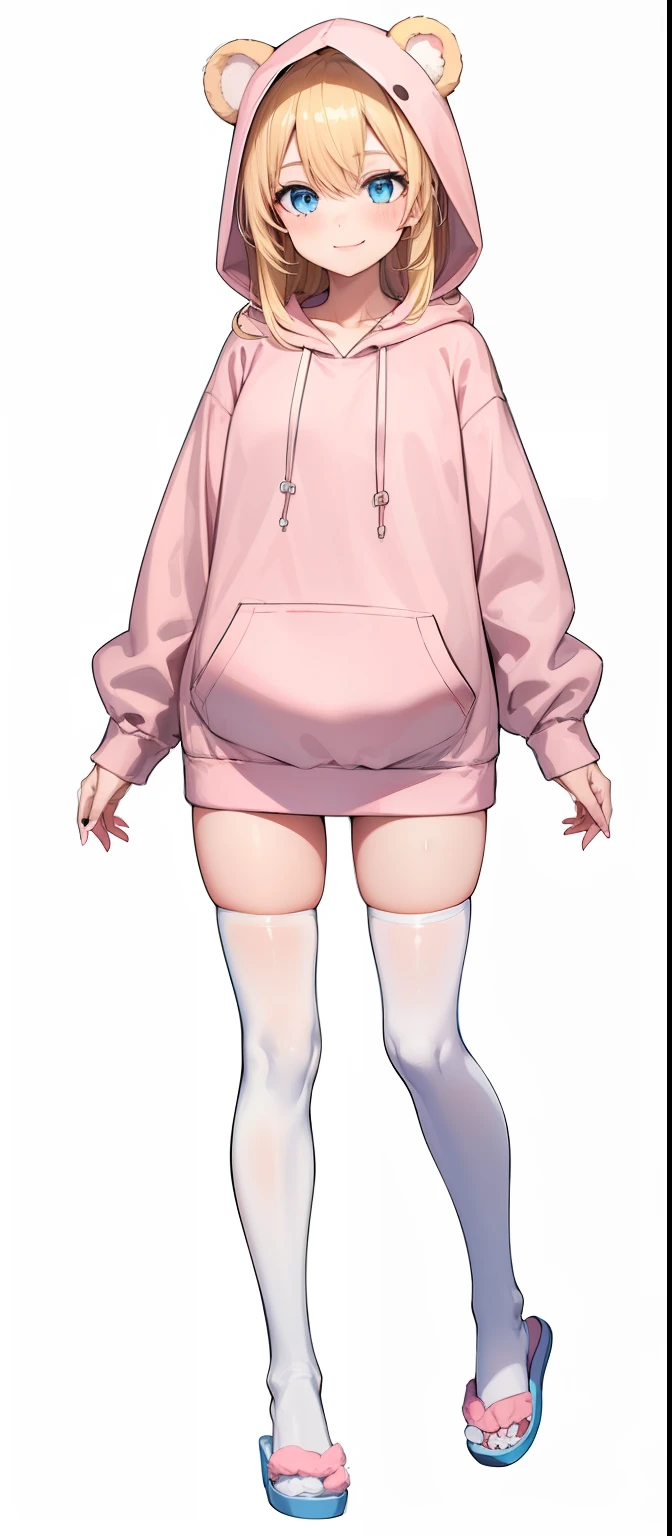 vtubermodel of 1girl , long blonde hair, blue eyes , big thighs, fluffy bear ears , hood up,(light pink hoodie:1.3), long hoodie, white thighhighs, strawberry pattern hoodie, slippers, slides, high quality , extra detailed , rendered, (white background:1.3), full body, smiling