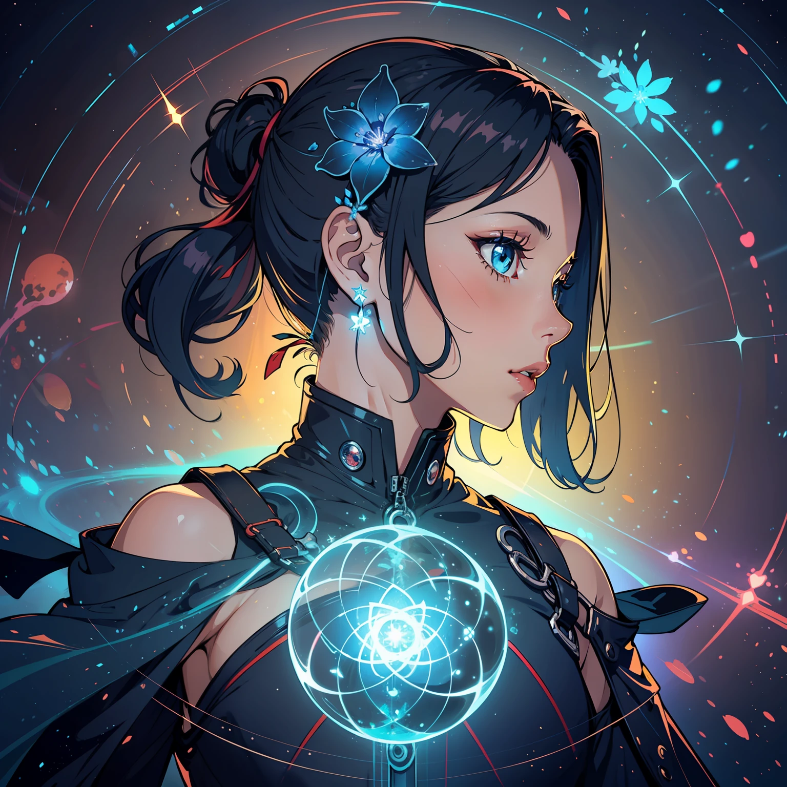 a close up of a blue flower in a circle with a light, ripplewear, profile picture 1024px, Holograma circular azul, omen from valorant, Aura azul, crio motor, O portal Nexus, leviathan cross, ancient symbol behind it, sirius, bioma retornacional, Tron Anjo, Threyda, azul brilhante, imagem do avatar