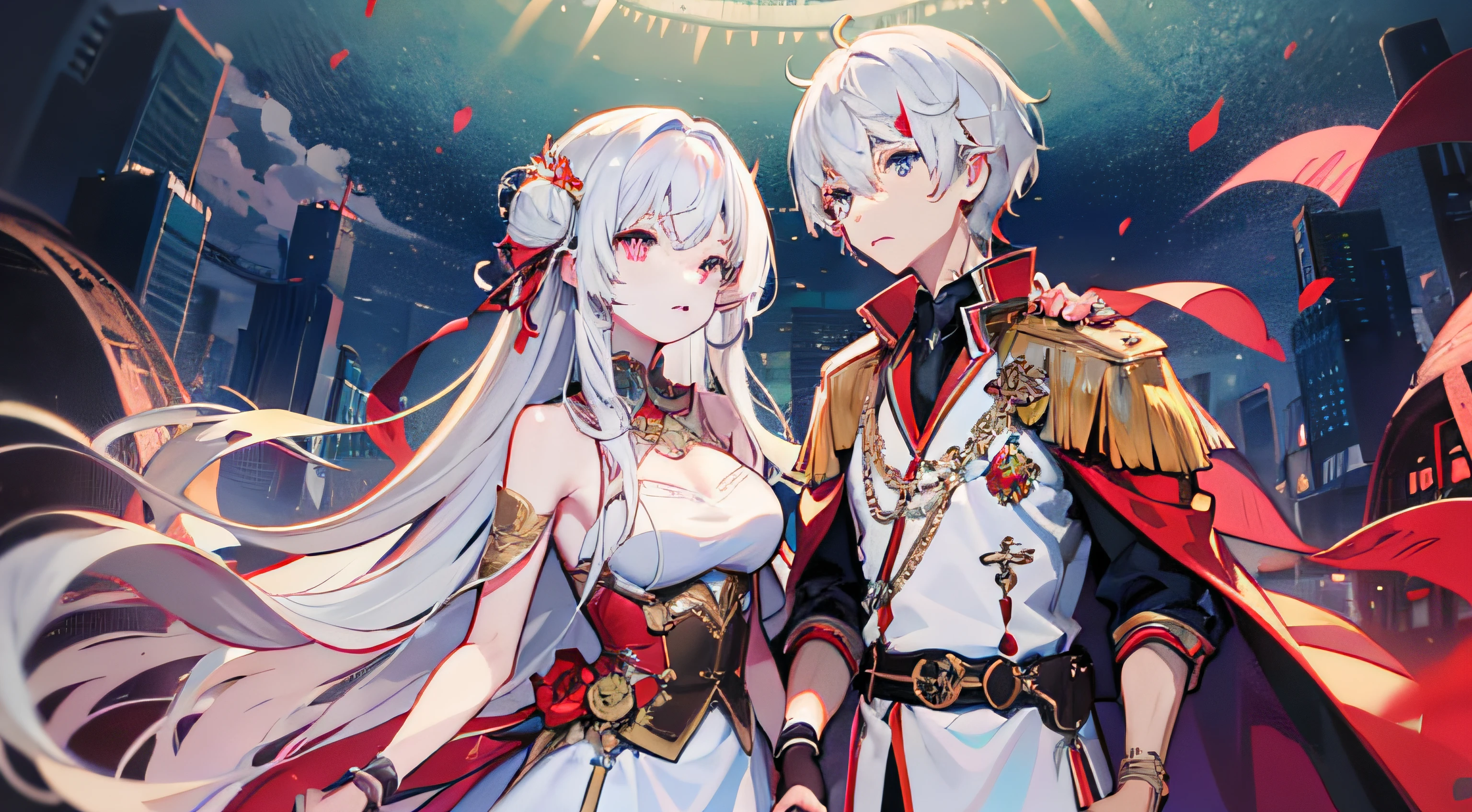 1man, 1woman, holding hands, red eyes, white hair, white dress, red hair, blue eyes, warrior costume, couple