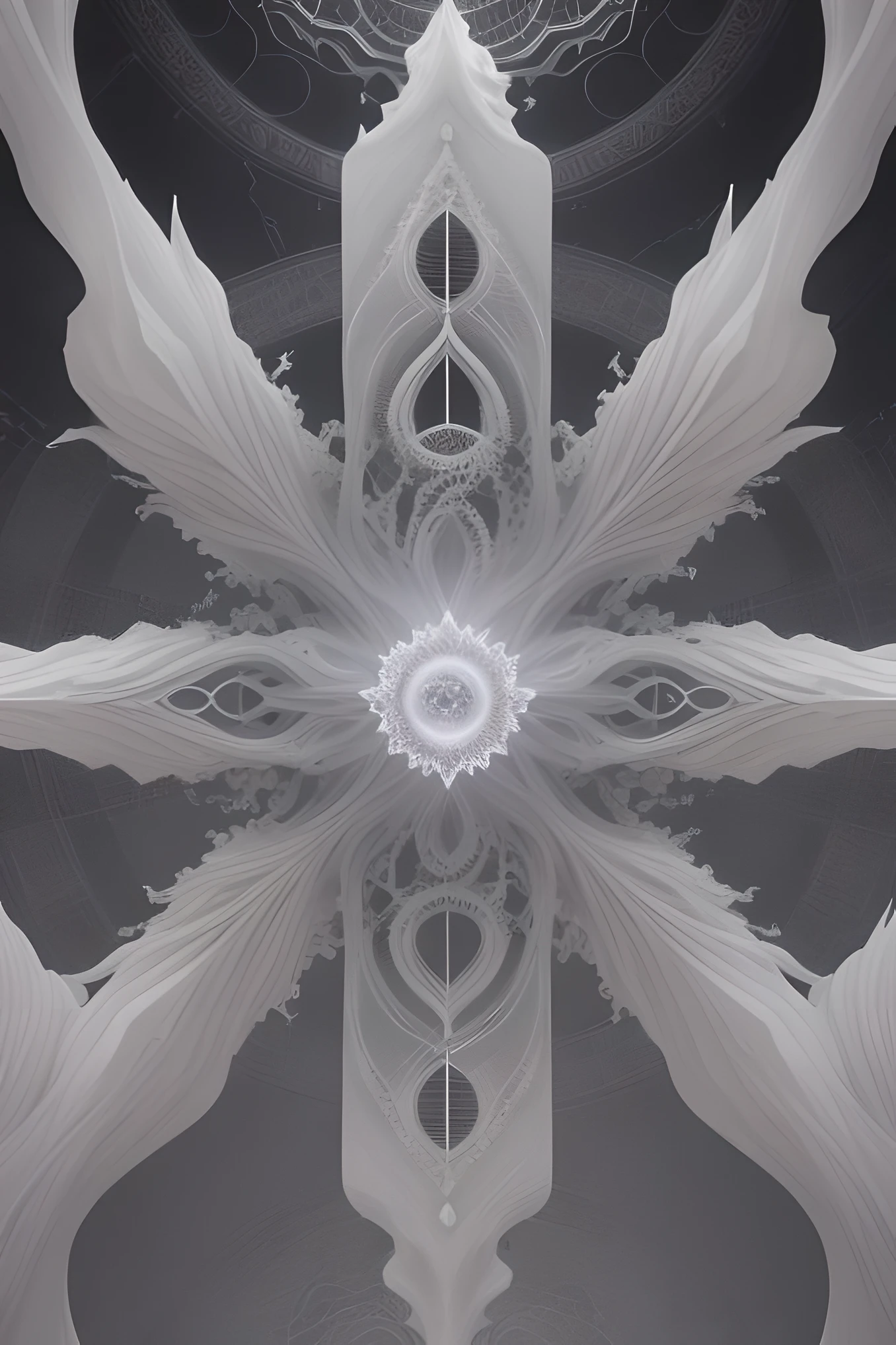 visual spectral radio wave signals emission fused with organic form structure, subsonic spectrum, gray clay cluster, Fibonacci fractal, geometric design, very fine and thin lace, Orenburg shawl, marble purgatory, wuthering atmosphere, aesthetic redshift render