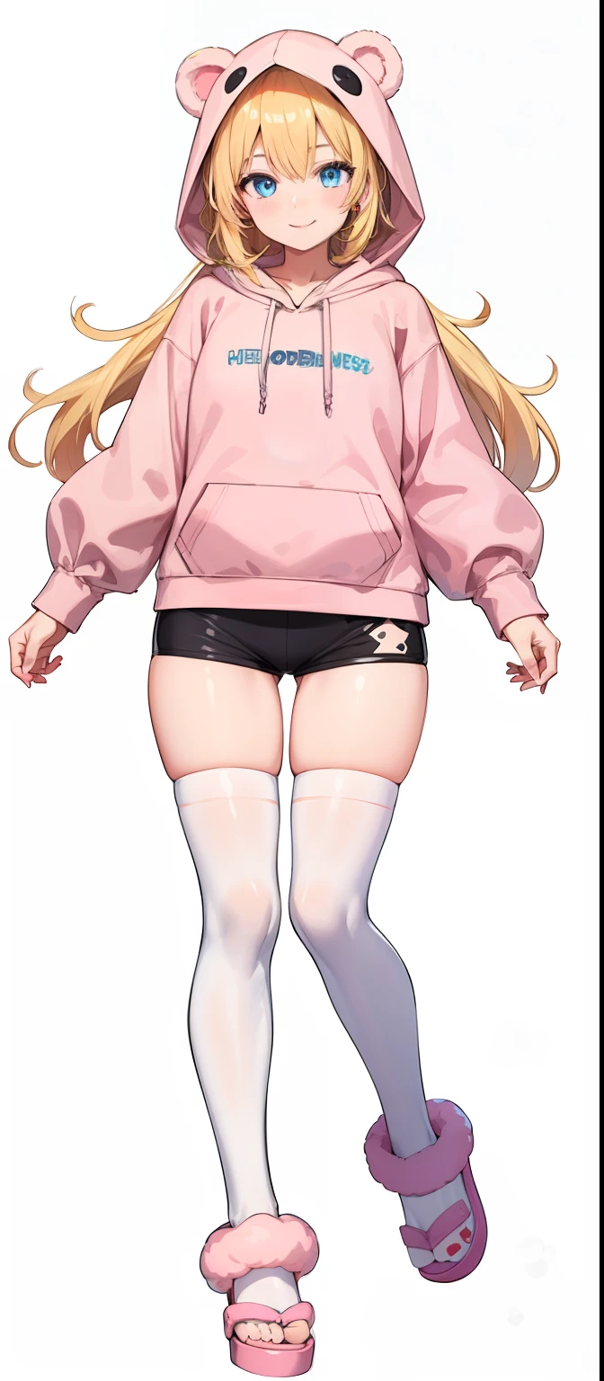 vtubermodel of 1girl , long blonde hair, blue eyes , big thighs, fluffy bear ears , hood up,(light pink hoodie:1.3), long hoodie, white thighhighs, strawberry pattern hoodie, slippers, slides, high quality , extra detailed , rendered, (white background:1.3), full body, smiling