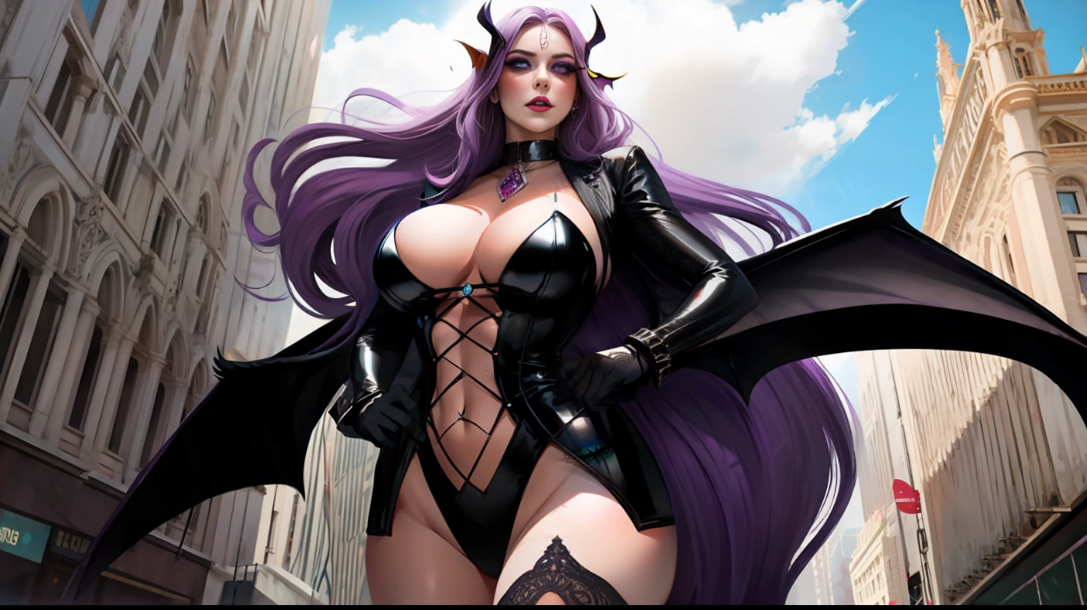 best quality, intricate details, 1girl, Morgana_Default, large_breast, eye_makeup, purple_wings,