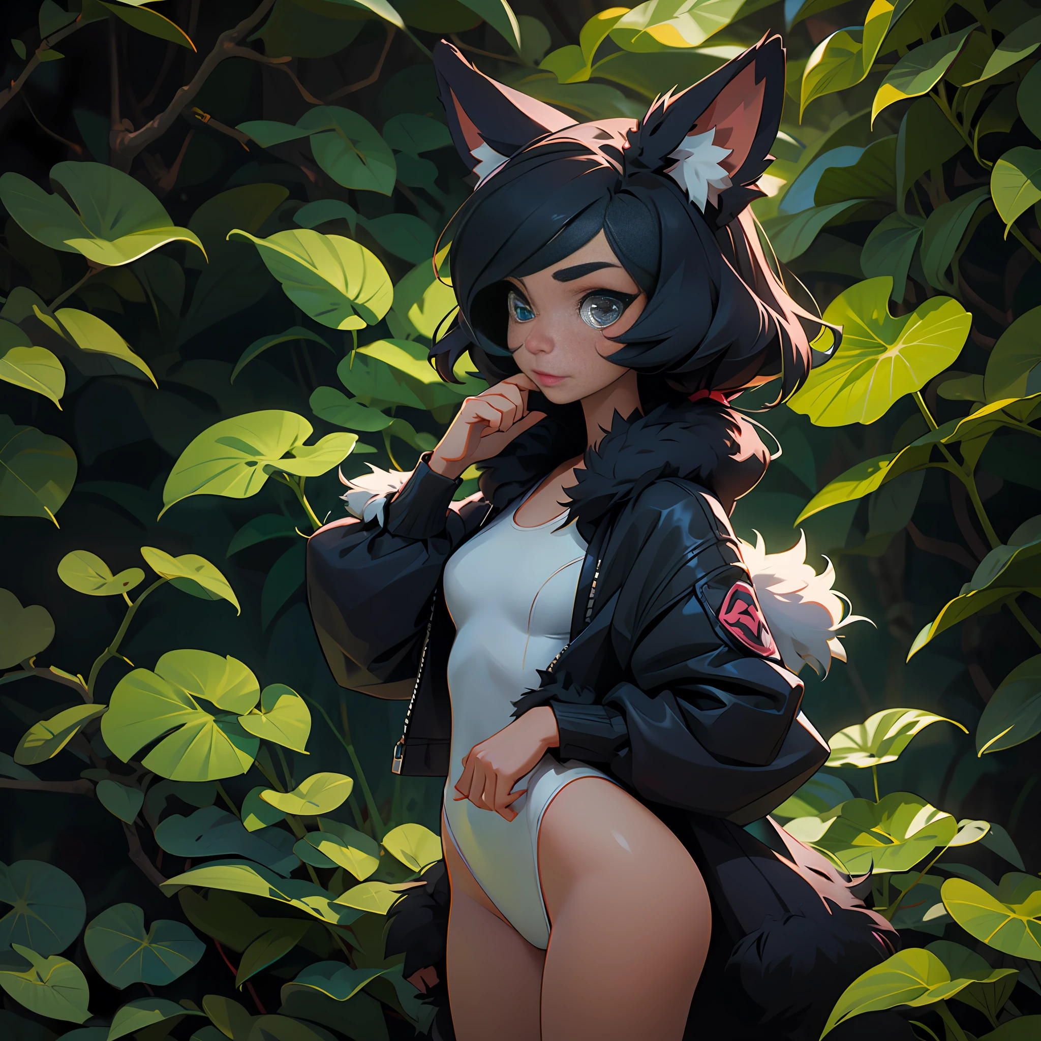 Girl in a swimsuit, fur fluffy suit, Android Details, black fur, black ears, Cute pose, Nya, In the jungle