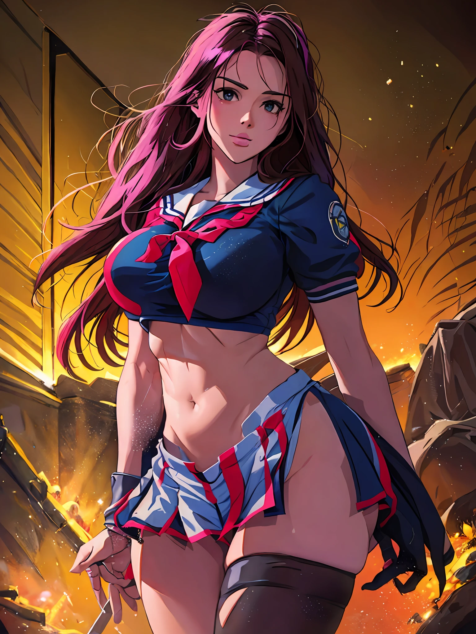 A beautiful woman with school uniform, insatiable desire, seifuku, belly free, smooth legs, short miniskirt, long knee socks, adriana lima, painted by artgerm and tom bagshaw, fantasy art, dramatic lighting, highly detailed oil painting, volumetric lighting