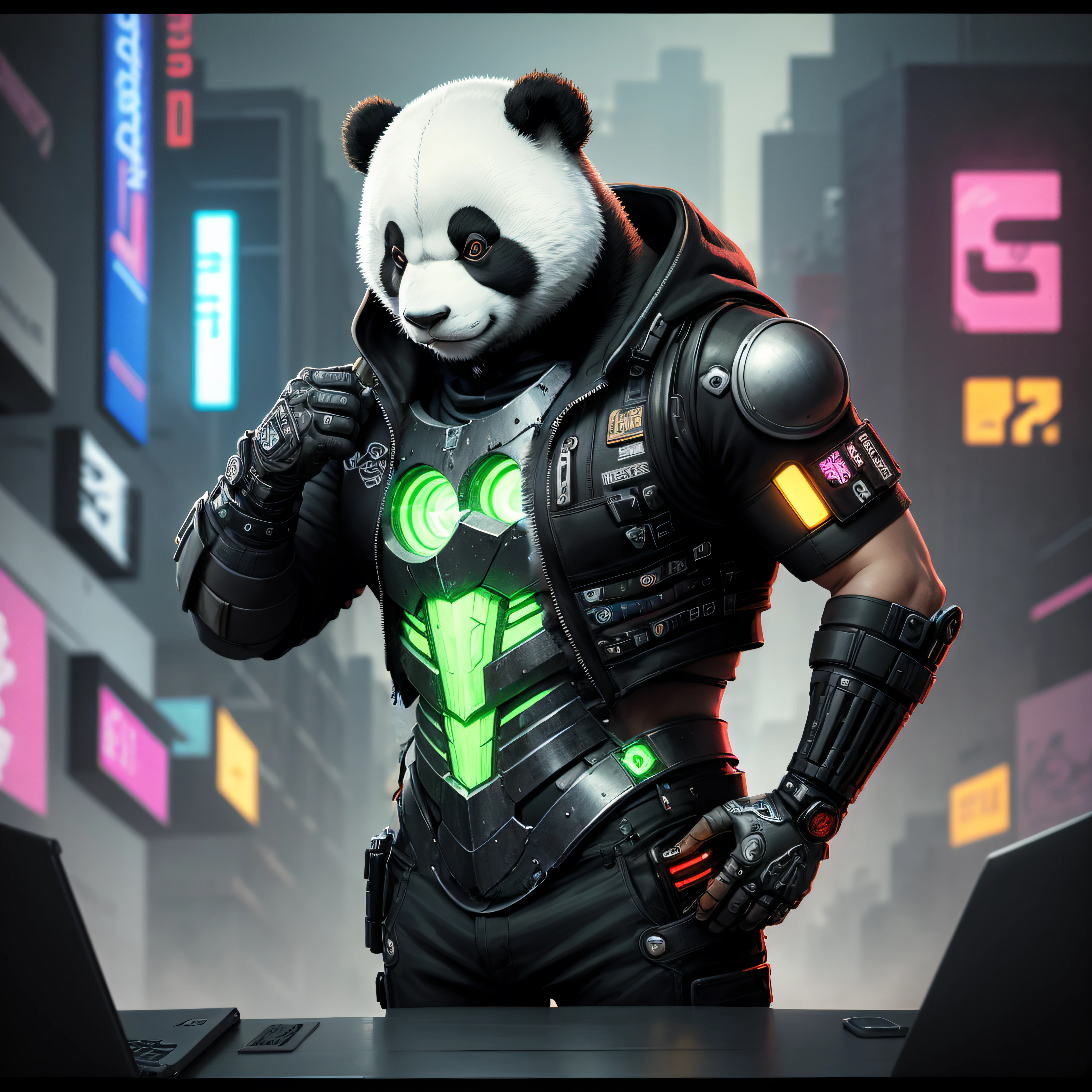 black metal armor, red led, neon purple light, green symbol