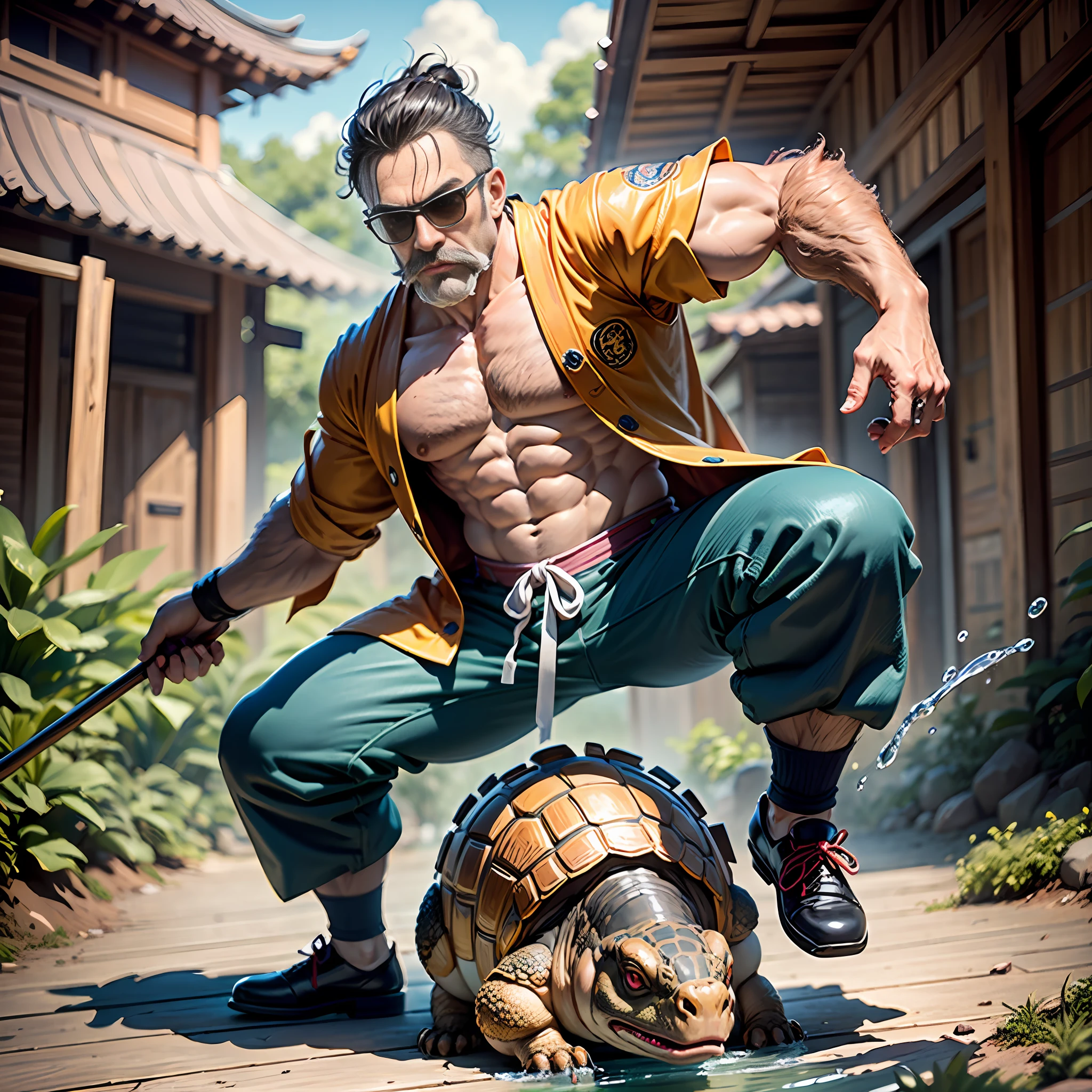 ((Masterpiece)), Kame sennin Dragon Ball, Perfect Body, Perfect Face, Bald head, Perfect Hands, White Beard and Moustache, wearing Blue Trousers, wearing Orange Closed Chinese Kung-fu Jacket, Sunglases, Holding Big Wooden Cane, With a Big Water Tortoise, Black kung-fu shoes, At a Dessert Island with a Pink small house at the back, perfect background, HD, Detailed and Intrincicated