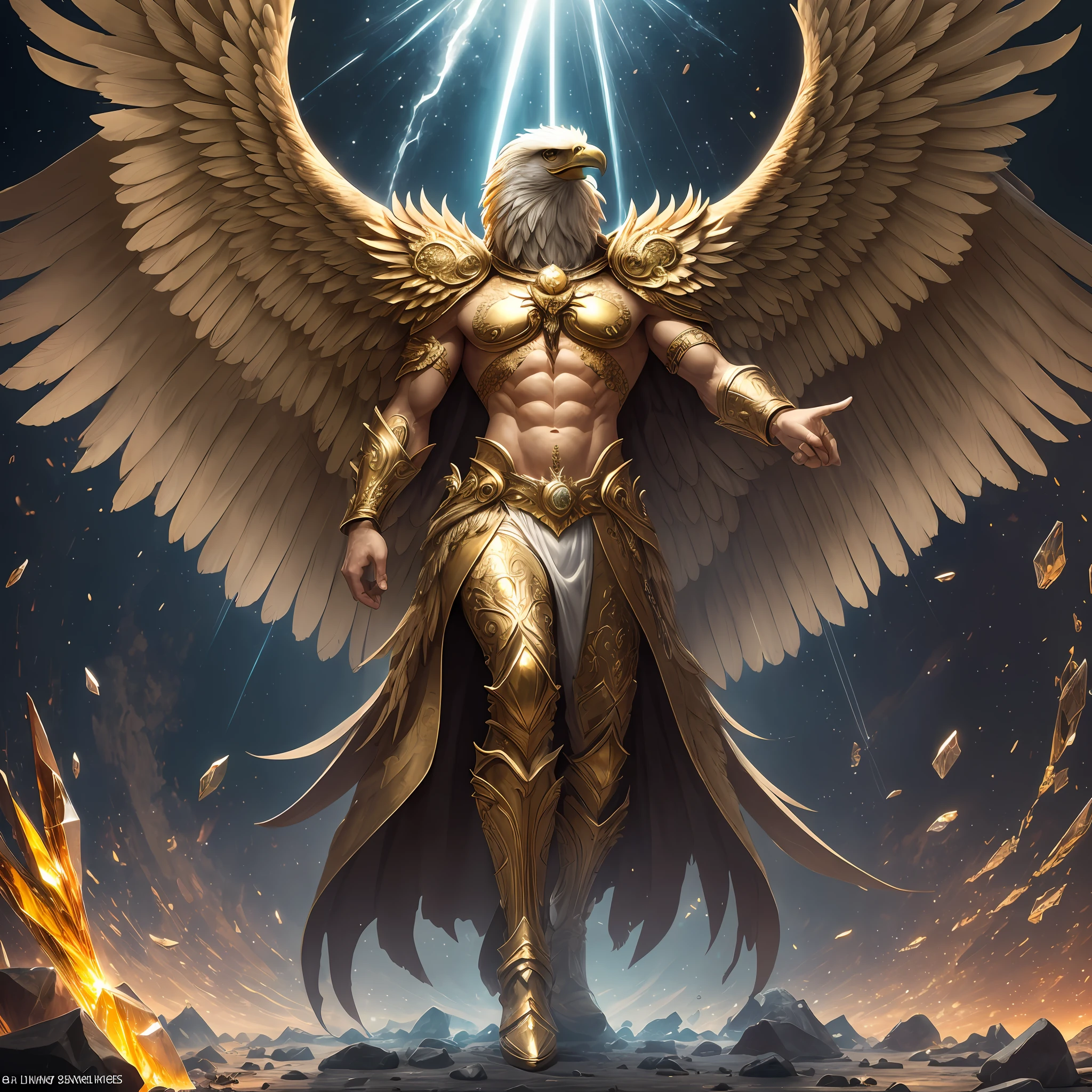 The anthropomorphic eagle vulture can be described as having a human body and (eagle's head) and golden wings, human arms, upright walking creatures, ((beautifully detailed griffin)) (extremely detailed CG Unity 8k wallpaper), professional majestic oil painting by Ed Blinky, Atea Gaylan, Studio Ghibli, Jeremy Mann, Greg Manches, Antonio Exhibited at ArtStation, Moreau was popular at CGSociety, with dramatic photorealistic paintings by Complex, High Detail, Sharp Focus, Midjourney, and Greg Rutkowska. super high resolution, best quality, photos, 8K, (Realistic: 1.2), cinematic lighting, giant in bright gold robe with golden feathers, floating on the crystal throne, floating on a crystal cloud, yellow eyes, bright yellow light emanating from the throne, gemstone floating in the sky, God, a beam of light shrouds his body, The crystal throne has large translucent (golden feathered wings) with wings spread, Golden light overhead (aura: 1.2), abdominal muscles wearing medieval golden armor, golden feathers, masculinity, darkness, masterpiece, best quality, intricate details, snow environment and crystal in background, crystal cathedral, futuristic portal, 3D light, HD, magic, light god, backlight, detailed face, fear, depth of field, soft lighting, tone mapping, high detail, concept art, smooth, clear focus, dramatic lighting, highly detailed art, film, 8K, Amazing shadows (highly detailed background: 1.2) --auto --s2