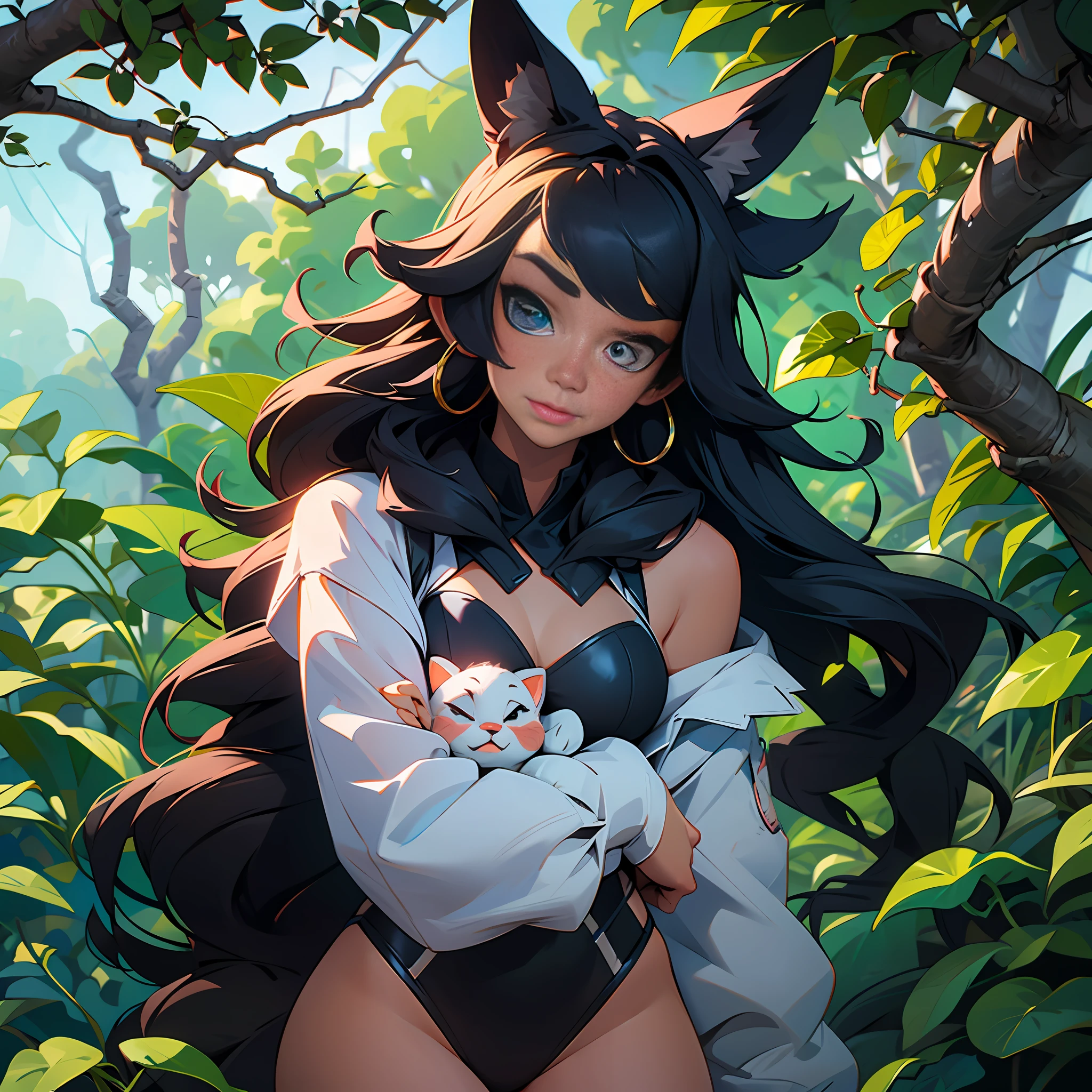 Girl in a swimsuit, fur fluffy suit, Android Details, black fur, black ears, Cute pose, Nya, In the jungle