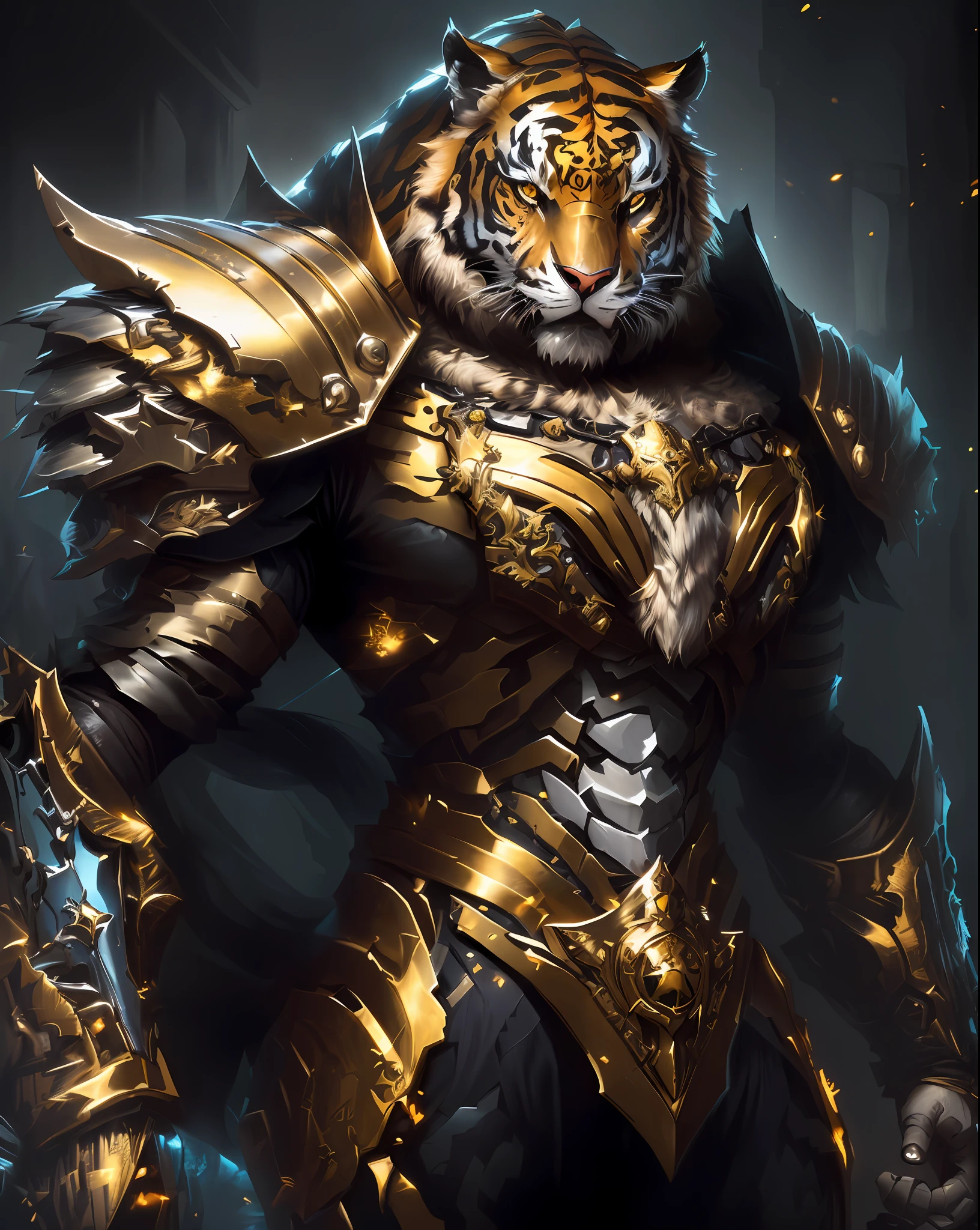 um guerreiro tigre em armadura com uma espada e armadura, O Cavaleiro da Armadura do Gato Dourado, tigre_besta, vestindo armadura de gato dourado, armadura pesada de ouro. dramatic, Armadura Dourada, anthropomorphic tiger, armadura impressionante, intrincada armadura dourada, armadura de fantasia muito elegante, leao guerreiro, Armadura dourada, armadura de fantasia detalhada, armadura de fantasia, Armadura preta e dourada, armaduras de ouro