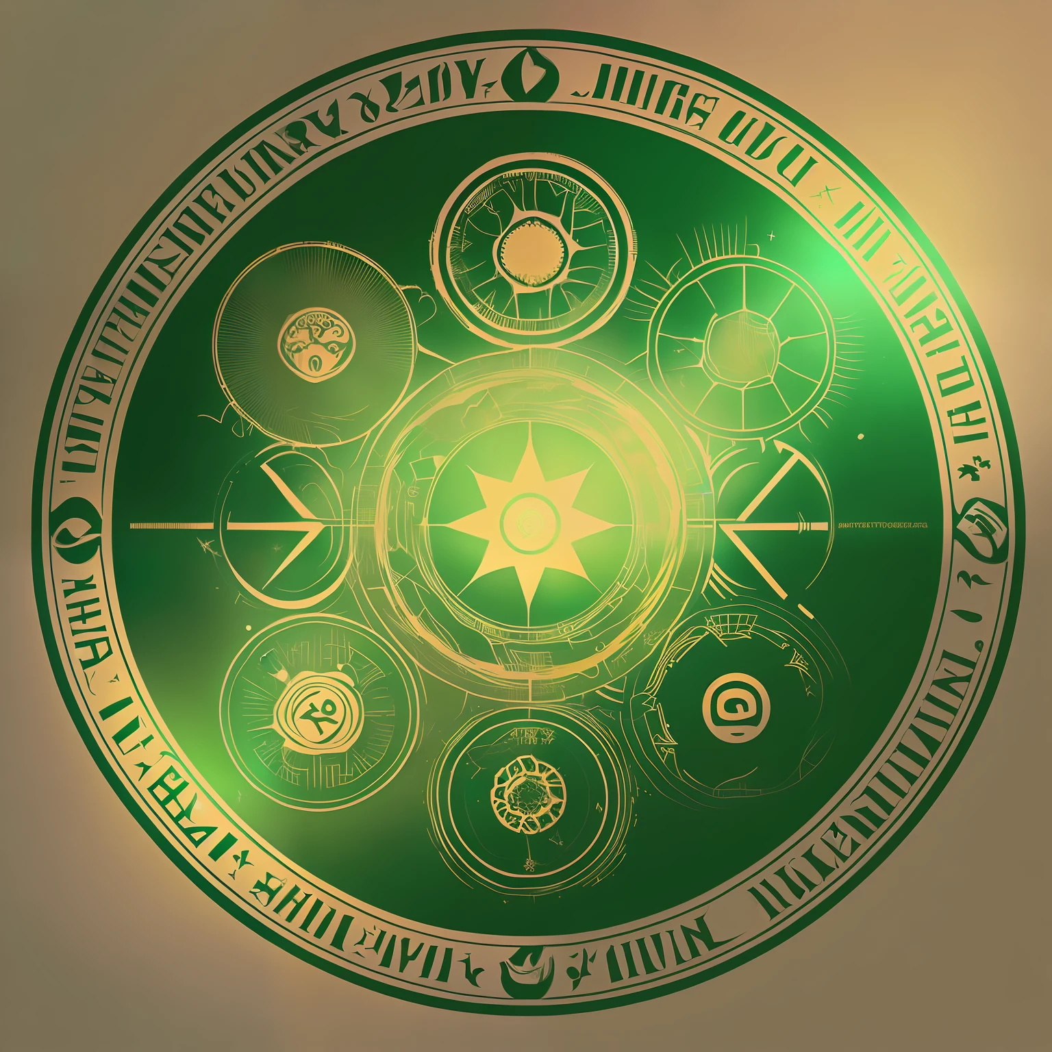 there is a green circular clock with a star in the middle, tabua de esmeralda, summoning circle, holographic runes, Runas verdes brilhantes, Intrincado espectro Wiccano, digital illustration radiating, magick symbols, magic circle, druidic runes, inscribed with occult symbols, magical sigils, compass energy flowing, fantasy game spell symbol