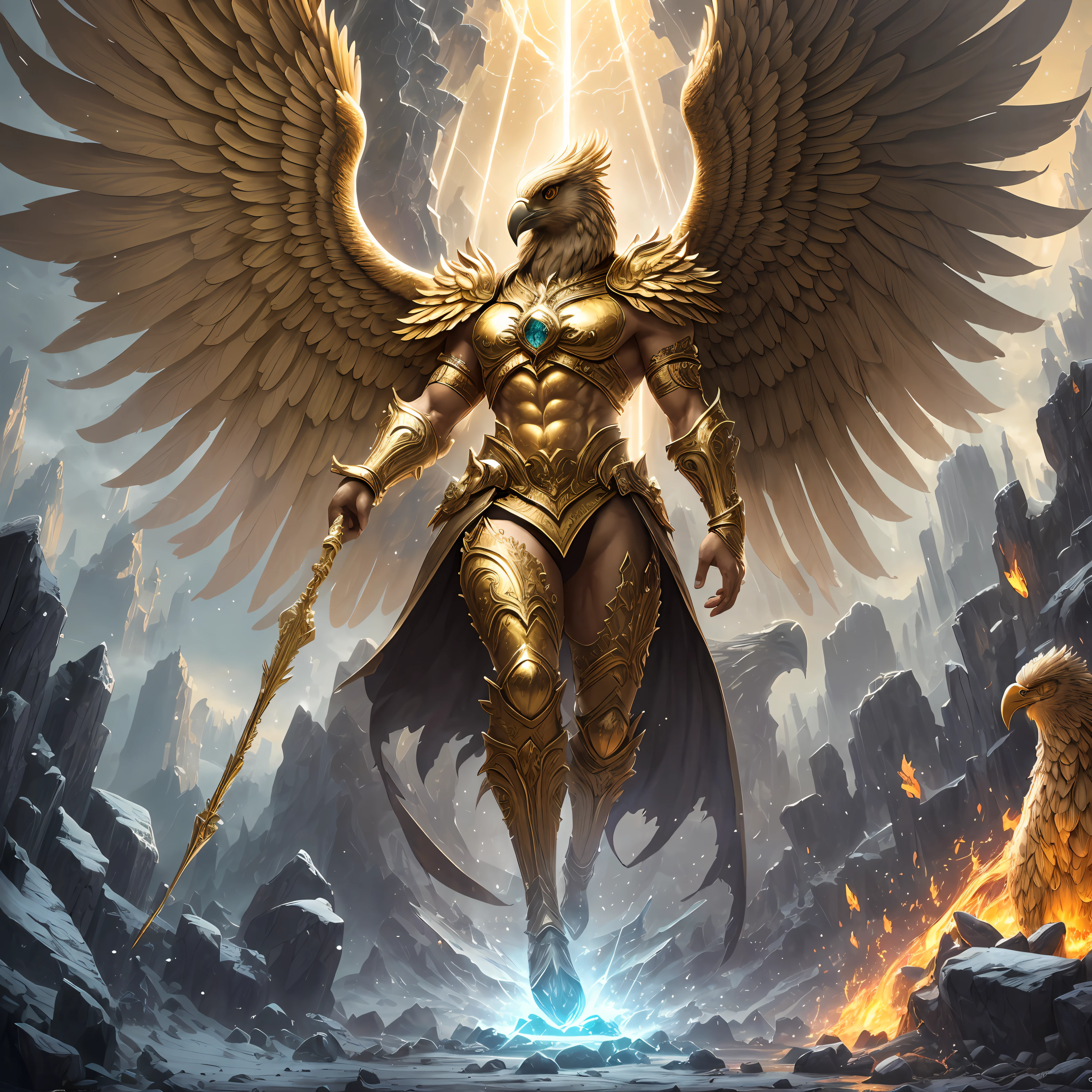 The anthropomorphic eagle vulture can be described as having a human body and (eagle's head) and golden wings, human arms, upright walking creatures, ((beautifully detailed griffin)) (extremely detailed CG Unity 8k wallpaper), professional majestic oil painting by Ed Blinky, Atea Gaylan, Studio Ghibli, Jeremy Mann, Greg Manches, Antonio Exhibited at ArtStation, Moreau was popular at CGSociety, with dramatic photorealistic paintings by Complex, High Detail, Sharp Focus, Midjourney, and Greg Rutkowska. super high resolution, best quality, photos, 8K, (Realistic: 1.2), cinematic lighting, giant in bright gold robe with golden feathers, floating on the crystal throne, floating on a crystal cloud, yellow eyes, bright yellow light emanating from the throne, gemstone floating in the sky, God, a beam of light shrouds his body, The crystal throne has large translucent (golden feathered wings) with wings spread, Golden light overhead (aura: 1.2), abdominal muscles wearing medieval golden armor, golden feathers, masculinity, darkness, masterpiece, best quality, intricate details, snow environment and crystal in background, crystal cathedral, futuristic portal, 3D light, HD, magic, light god, backlight, detailed face, fear, depth of field, soft lighting, tone mapping, high detail, concept art, smooth, clear focus, dramatic lighting, highly detailed art, film, 8K, Amazing shadows (highly detailed background: 1.2) --auto --s2
