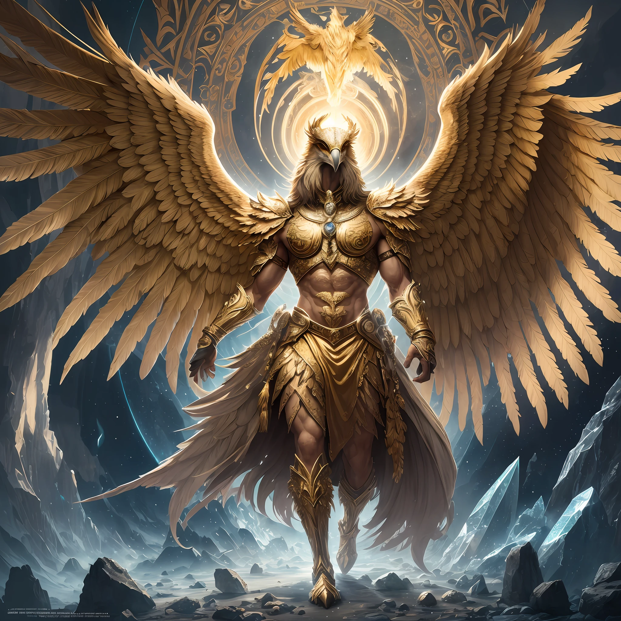 The anthropomorphic eagle vulture can be described as having a human body and (eagle's head) and golden wings, human arms, upright walking creatures, ((beautifully detailed griffin)) (extremely detailed CG Unity 8k wallpaper), professional majestic oil painting by Ed Blinky, Atea Gaylan, Studio Ghibli, Jeremy Mann, Greg Manches, Antonio Exhibited at ArtStation, Moreau was popular at CGSociety, with dramatic photorealistic paintings by Complex, High Detail, Sharp Focus, Midjourney, and Greg Rutkowska. super high resolution, best quality, photos, 8K, (Realistic: 1.2), cinematic lighting, giant in bright gold robe with golden feathers, floating on the crystal throne, floating on a crystal cloud, yellow eyes, bright yellow light emanating from the throne, gemstone floating in the sky, God, a beam of light shrouds his body, The crystal throne has large translucent (golden feathered wings) with wings spread, Golden light overhead (aura: 1.2), abdominal muscles wearing medieval golden armor, golden feathers, masculinity, darkness, masterpiece, best quality, intricate details, snow environment and crystal in background, crystal cathedral, futuristic portal, 3D light, HD, magic, light god, backlight, detailed face, fear, depth of field, soft lighting, tone mapping, high detail, concept art, smooth, clear focus, dramatic lighting, highly detailed art, film, 8K, Amazing shadows (highly detailed background: 1.2) --auto --s2