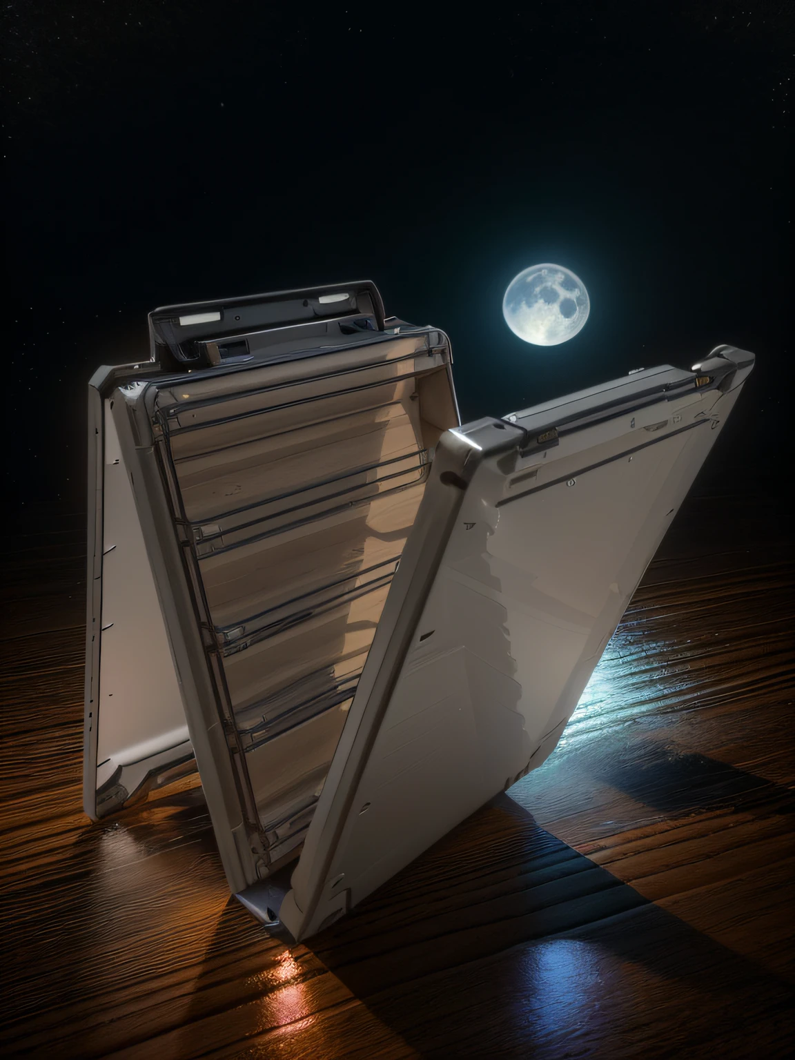 On a wooden wet floor, a product with a full moon in the background, moon, on a dark background, 3 d product render, official product photo, depicted as a 3 d render, bottom angle, at night, product render, heavy vignette!, casette futurism, high resolution product photo, angled view, holographic case display, moonlight