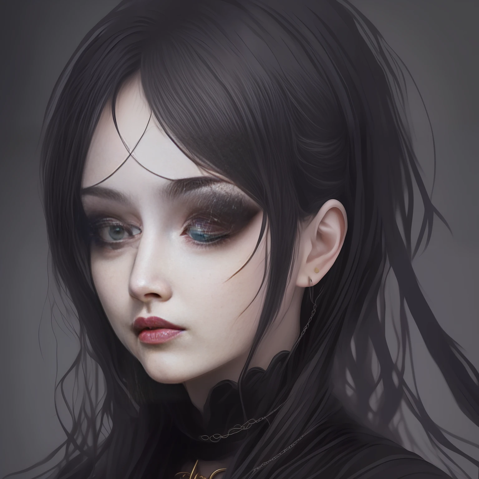 Girl with red eyes and black hair with a chain around her neck, retrato detalhado da europeia, arte digital detalhada, cara bonito. fantasia sombria, retrato impressionante do rosto do anime, gothic girl face, arte de estilo fantasia escura, Arte no estilo de Guweiz, com olhos vermelhos brilhantes, gothic maiden anime girl, retrato do vampiro, digital illustration, foto RAW, melhor qualidade: 1.4), (1girl), rosto lindo, (rosto realista), (cabelo preto, cabelo curto: 1.3), penteado lindo, olhos realistas, belos detalhes olhos, (pele realista), pele bonita, (sweater), absurdos, atrativos, ultra alta-nada, ultra realista, altamente detalhado, golden proportion