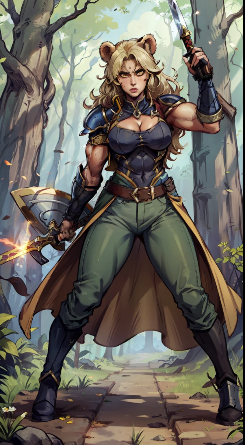 (((1 Female(one person)))) warrior, full body, long trolled hair, golden hair, bright yellow eyes, bear skin coat, pants, full armor, sword and shield, muscular, forest, shadows, bear ears, dynamic pose