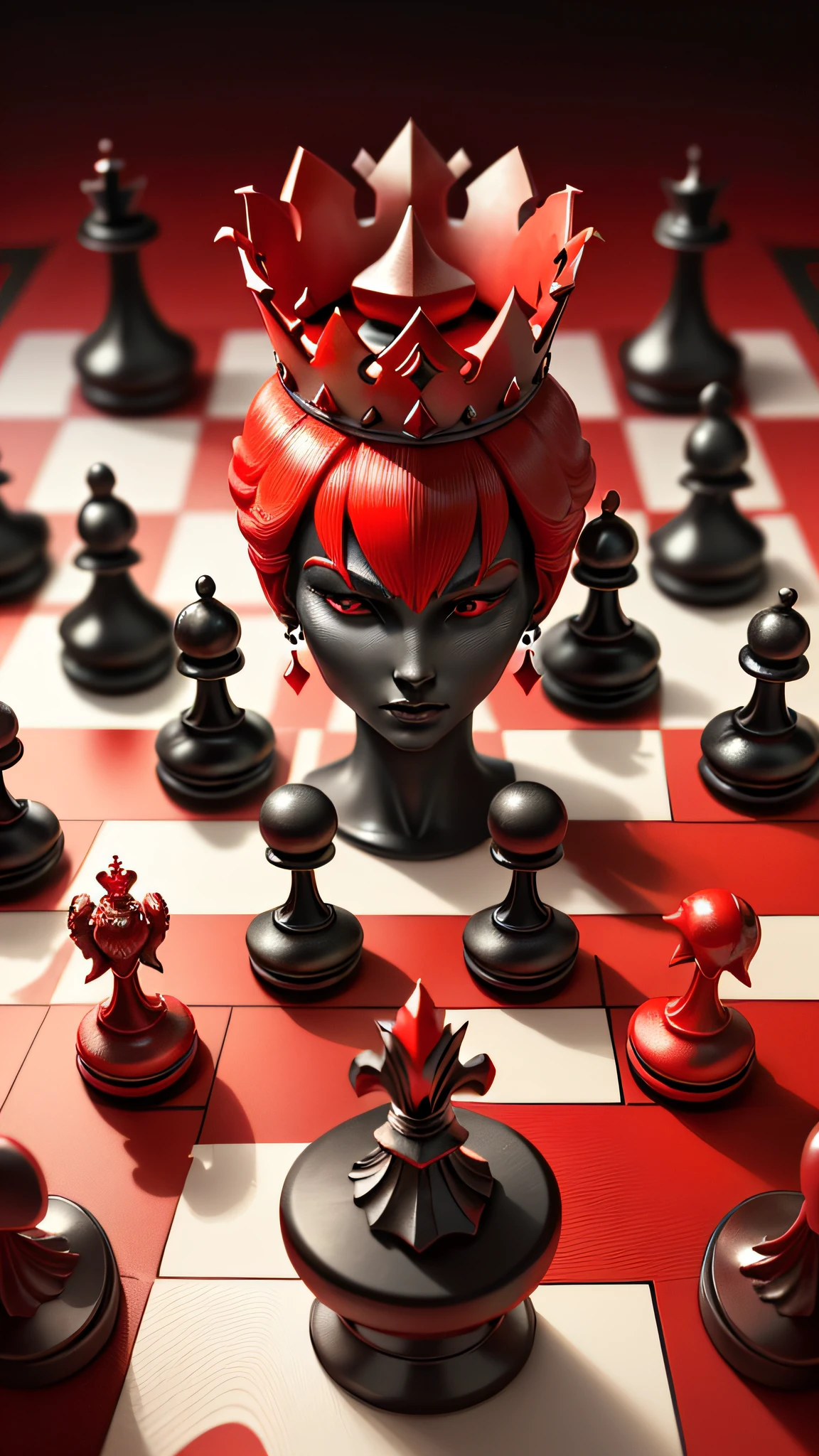a close up of a red chess piece surrounded by many black and white chess pieces, !!playing chess!!, queen chess piece, surreal chess, queen chess piece photo portrait, chess, red power, chess game, ( queen chess piece, queen chess piece photo, chess, chess piece, sharp focus!!!, sharp focus!!, thought provoking, the red queen