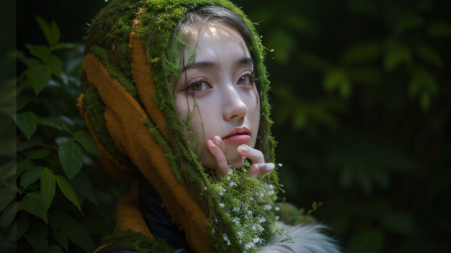 more green moss grows on head, forest background, rain