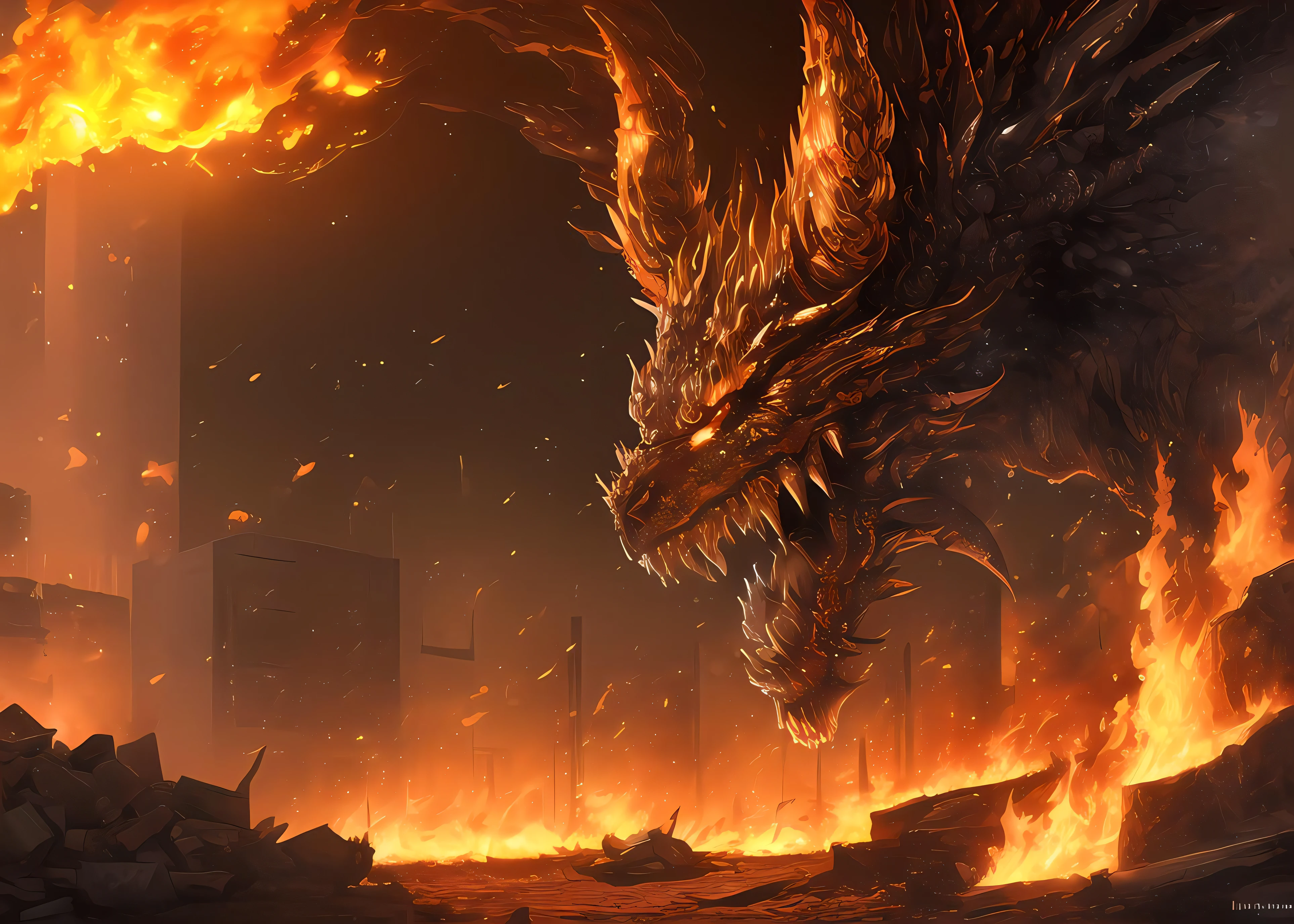 (Award Winning Digital Digital Artwork:1.3), (Masterpiece, Ultra-Detailed:1.3), portrait,solo focus, (Fire demon),(building-sized monster),Ifrit, smoke, fire, burning buildings, death, destruction, intricate