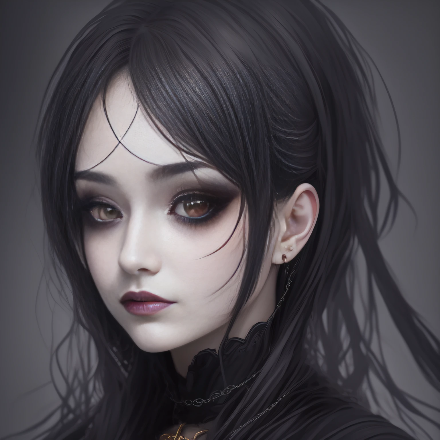 Girl with red eyes and black hair with a chain around her neck, retrato detalhado da menina europeia, arte digital detalhada, cara bonito. fantasia sombria, retrato impressionante do rosto do anime, gothic girl face, arte de estilo fantasia escura, Arte no estilo de Guweiz, com olhos vermelhos brilhantes, gothic maiden anime girl, retrato do vampiro, digital illustration, foto RAW, melhor qualidade: 1.4), (1girl), rosto lindo, (rosto realista), (cabelo preto, cabelo curto: 1.3), penteado lindo, olhos realistas, belos detalhes olhos, (pele realista), pele bonita, (sweater), absurdos, atrativos, ultra alta-nada, ultra realista, altamente detalhado, golden proportion