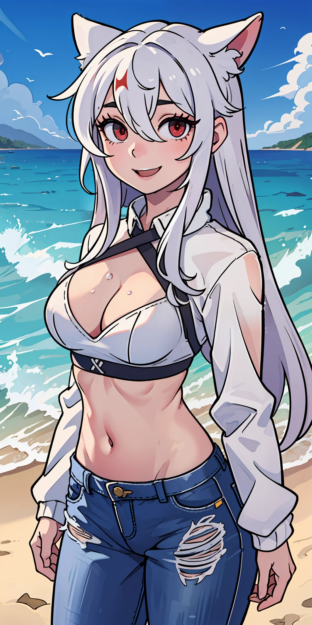 masterpiece, best quality, girl, pale skin, red eyes, giant white hair, ((hair highlights effect)), ((hair between eyes)), sweatshirt, ripped jeans, white sneakers, medium breasts, accessory neck, eyebrow, fox ear, ((perfect)), smile, small waist, big breasts, thick legs, big thigh, background scenery, on the beach, standing, beautiful day, ultra detailed water, pov, looking at the spectator, flushed, lustful,