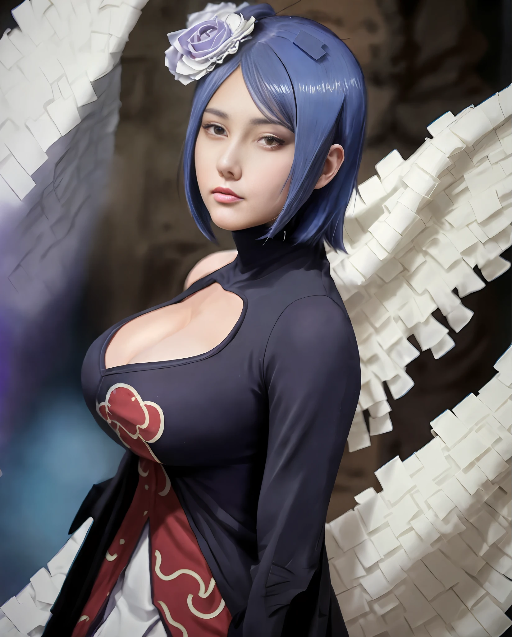 Top quality, 8k, 32k, Masterpiece, photo realistic, realistic, anime cosplay with purple wings and black wig and clothes, anime cosplay, professional cosplay, full cosplay, cosplay, anime girl cosplay, cosplay photo, cosplayer, publicity cosplay (seductive poses ), women have enormous breasts, no hands, Sexy, sexy buttocks, beautiful white face shining, beautiful face, pink cheeks, beautiful lips, porcelain skin, intricate detail, super detail, super tall, highest detail, high detail, delicate, great detail, fine detail, cinematic lighting, top quality, masterpiece, smooth and beautiful, CG, unity, 8k wallpaper, Stunning, fine detail, unity CG wallpaper 8k ultra detailed, large file size, highly detailed, high resolution, stunning detail, stunning detail, depth of field, detailed digital painting, very high quality models.