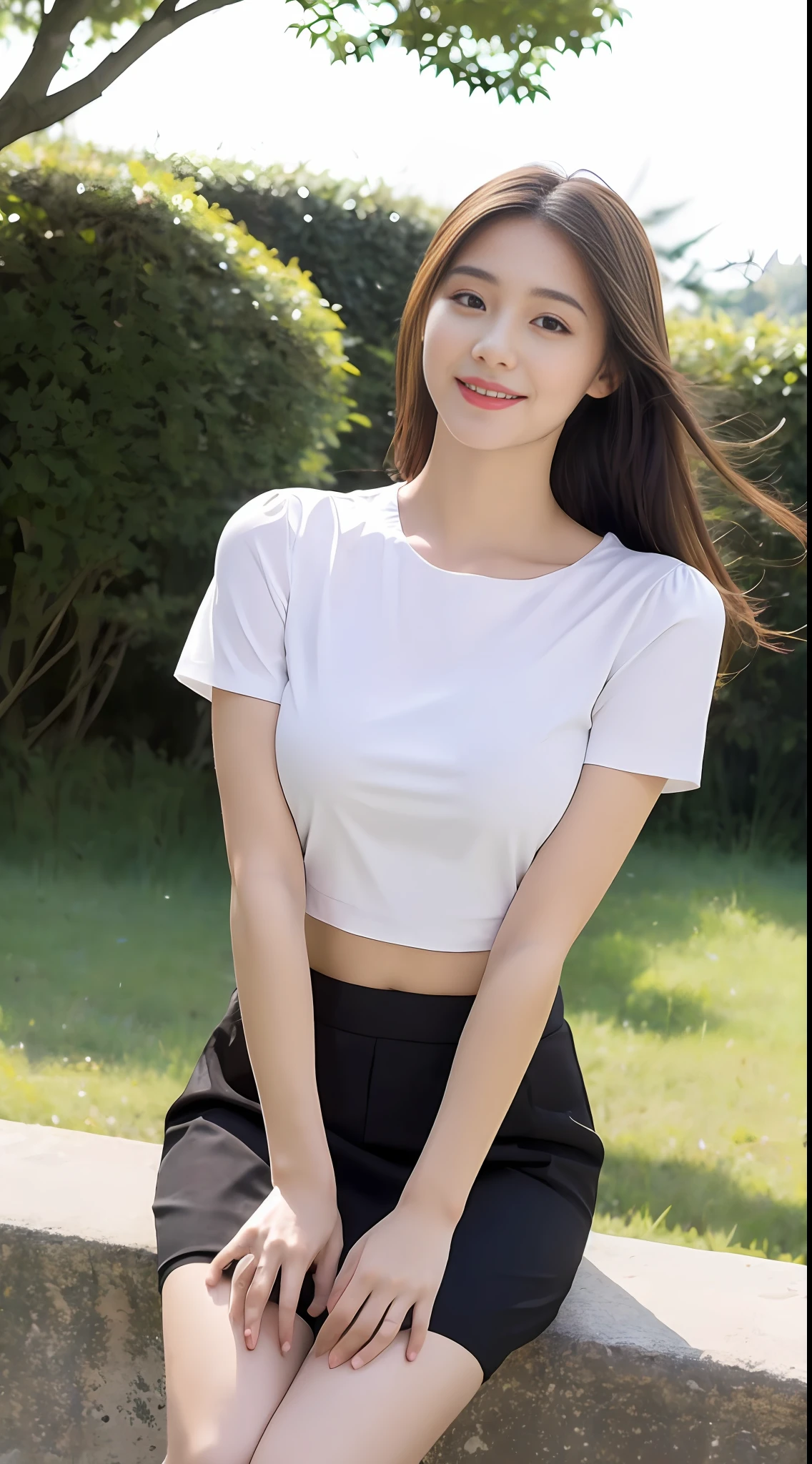 ((best quaity, 8k, Masterpiece、:1.3)), A pretty maiden,Short sleeves with open shoulders,Short skirt with slit crop top,high horse tail,Black fluffy long straight hair,Large round black eyes,Big clear eyes,(low cut),(Huge Tits),(buttocks),Moisturize lips,Sweet smile,Stand,Idyllic background,