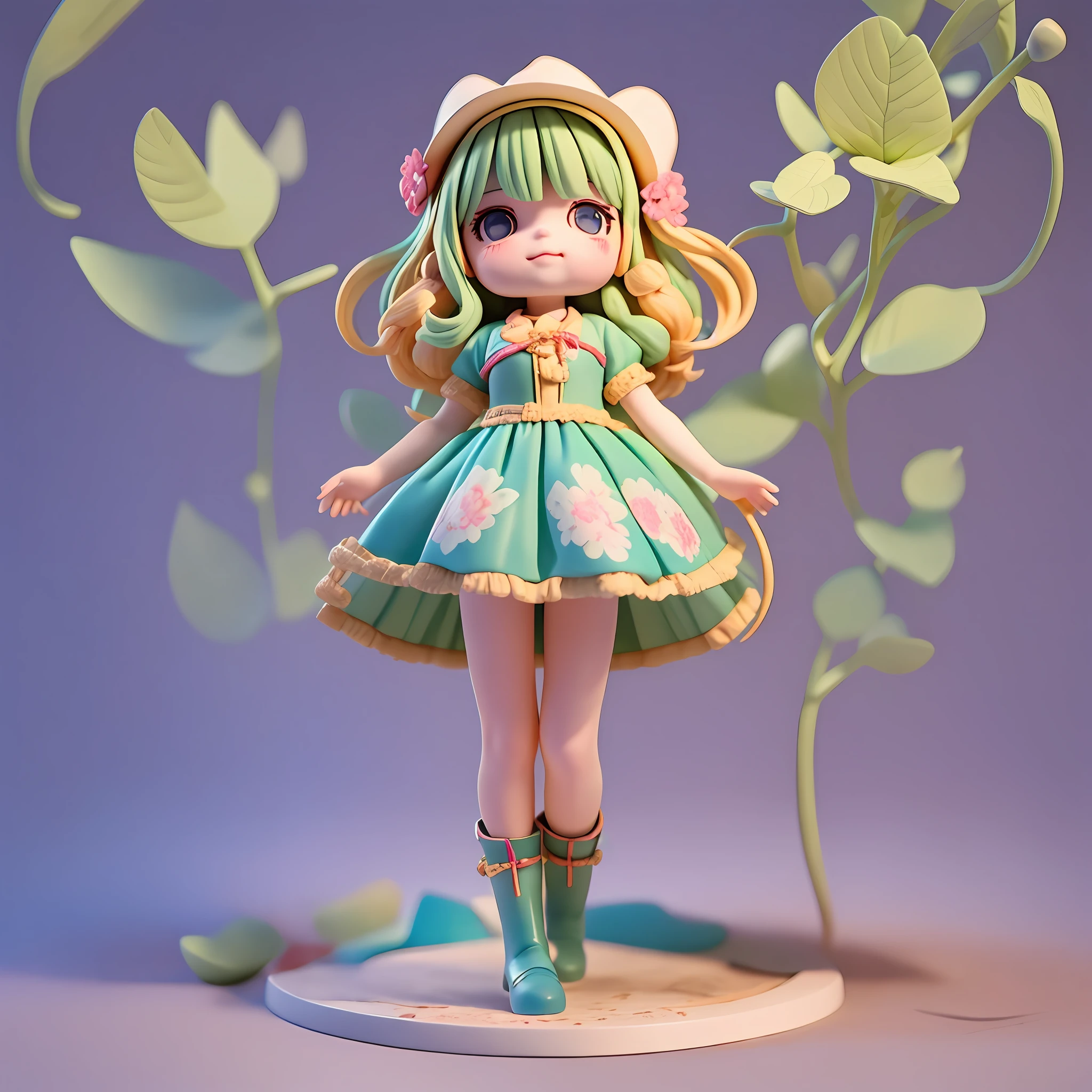 a Super cute girl ,Wearing a floral dress,Wearing boots,Wearing a hat and earphones，big watery eyes,full body,looking at viewer,open hands，MD clothing, clothing wrinkles，clean background,dreamy,excited,super cute girl IP by pop mart ,high detail ,hyper quality,Bright color,mockup blind box toy,disney style ,fine luster,3D render,oc render,best quality ,bright,front lighting,Face Shot,fine luster,ultra detoiled ，8k,