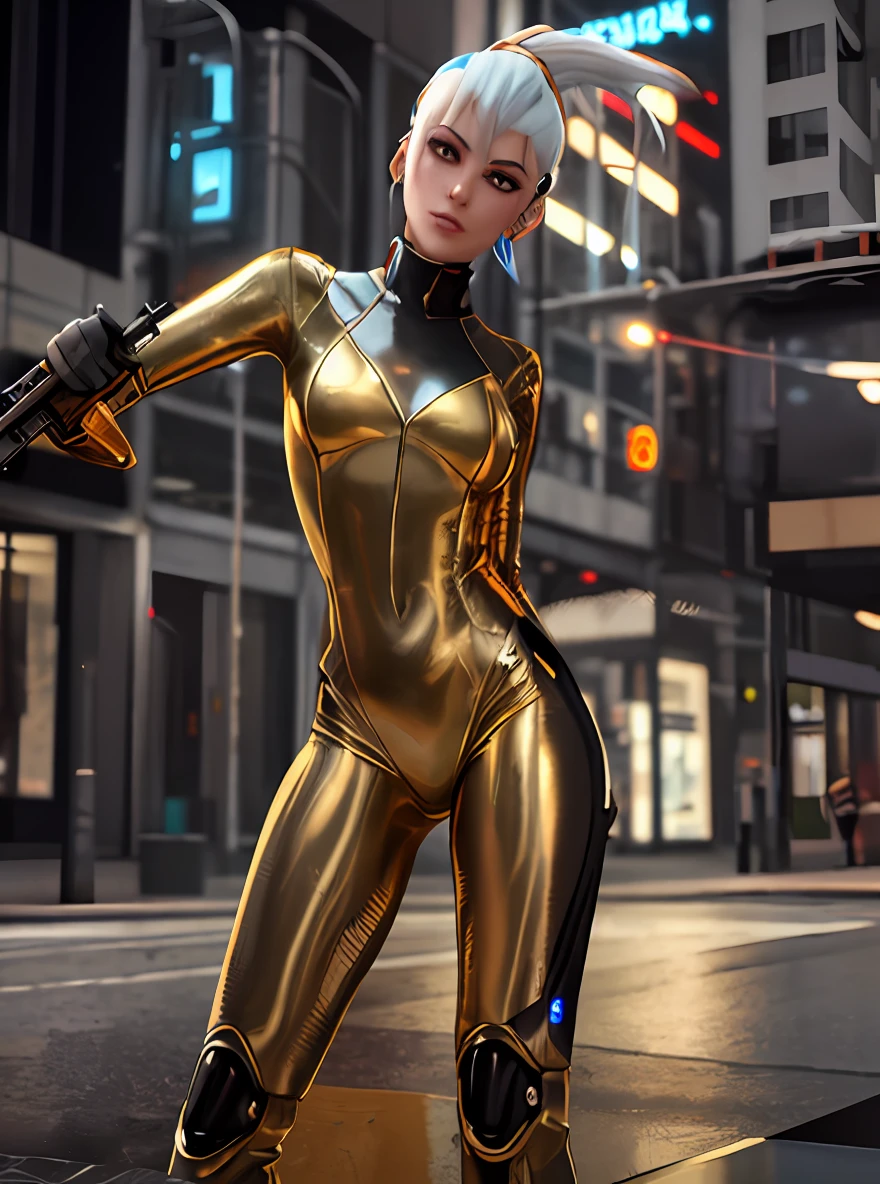a close up of a woman in a gold suit holding a gun, cyber suit, cyberpunk glossy latex suit, beautiful woman face, hero pose colorful city lighting, cybersuit, cyberpunk angry gorgeous goddess, cgsociety inspired, cybersuits, diverse cybersuits, retrofuturistic female android, inspired by Marek Okon, as a retro futuristic heroine, scifi woman, 3 d render character art 8 k
