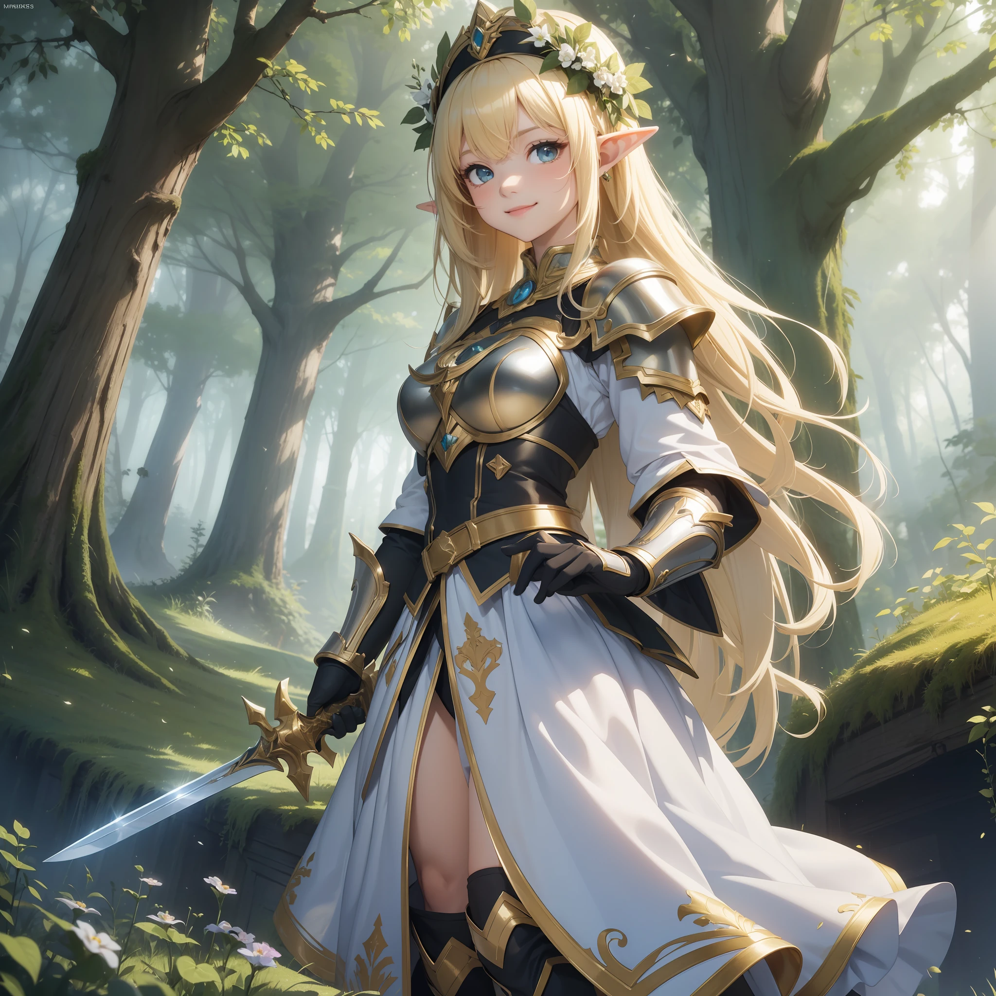 (Top Quality: 1.3), 8k, (Masterpiece: 1.3), Ultra High Resolution, 1 Girl, (Elf: 1.5), (White Armor: 1.5), (Forest: 1.5), (With Sword: 1.5), (Blonde: 1.5), (Full Body: 1.4), Cute Face, Medium Hair, Smile, 18 years old,