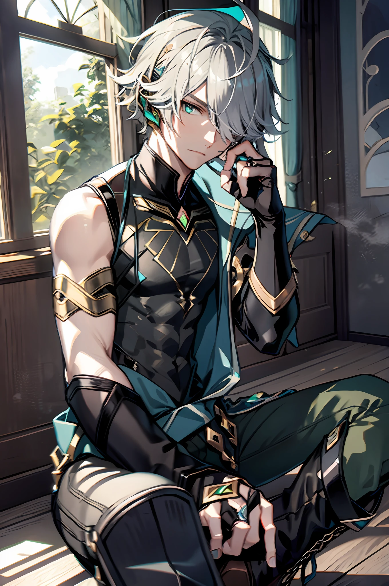 masterpiece, best quality,alhaitham\(genshin impact\), 1boy, male focus, window, shirt, solo, gloves, sleeveless shirt, grey hair, green eyes, sleeveless, ahoge, curtains, black shirt, bangs, hair over one eye, black gloves, indoors, fingerless gloves, black pants, pants, swept bangs, boots, bare shoulders, short hair, elbow gloves,(kbxll:0.6)