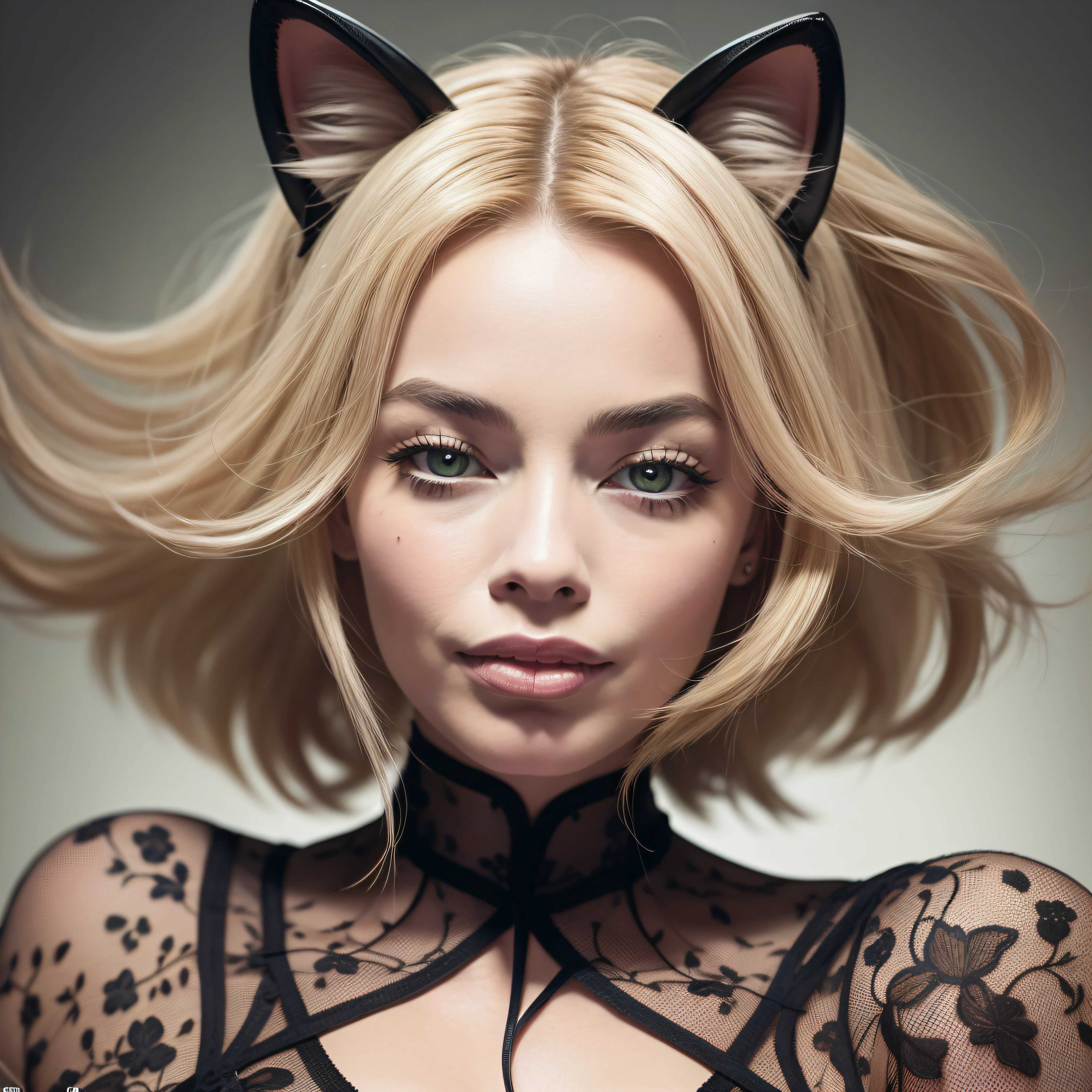 portrait of margot robbie, usando fantasia da mulher gato, traje de couro preto, cat ears on the head, chicote na cintura.