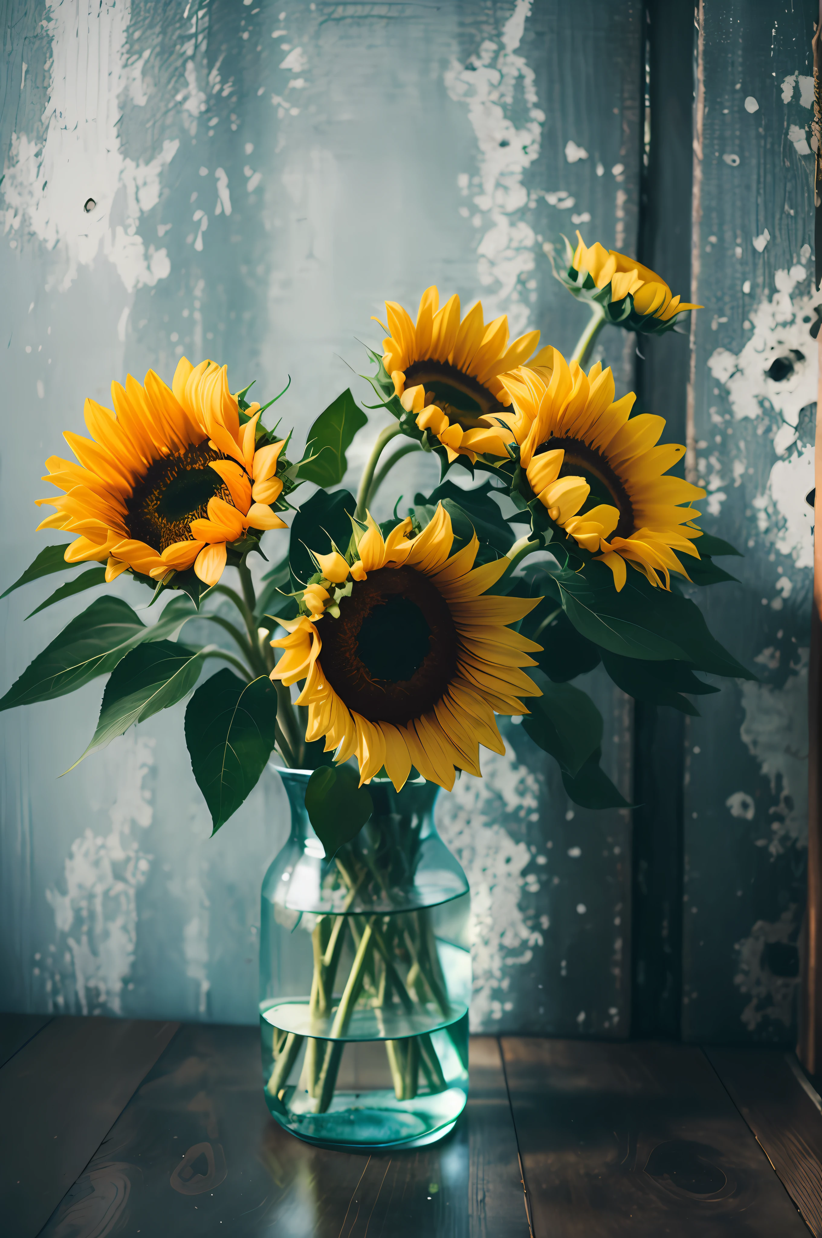 there is a vase with sunflowers in it on a table, cores: yellow sunflowers, cores : yellow sunflowers, girassois, Flores de Helianthus, crystallic sunflowers, sunflowers in the background, raios de sol, brilhante e ensolarado, lindo dia ensolarado, girassol, ice sunflowers, rusted metal and sunflowers, summer morning light, Direction: Yasushi Sugiyama, flores amarelas