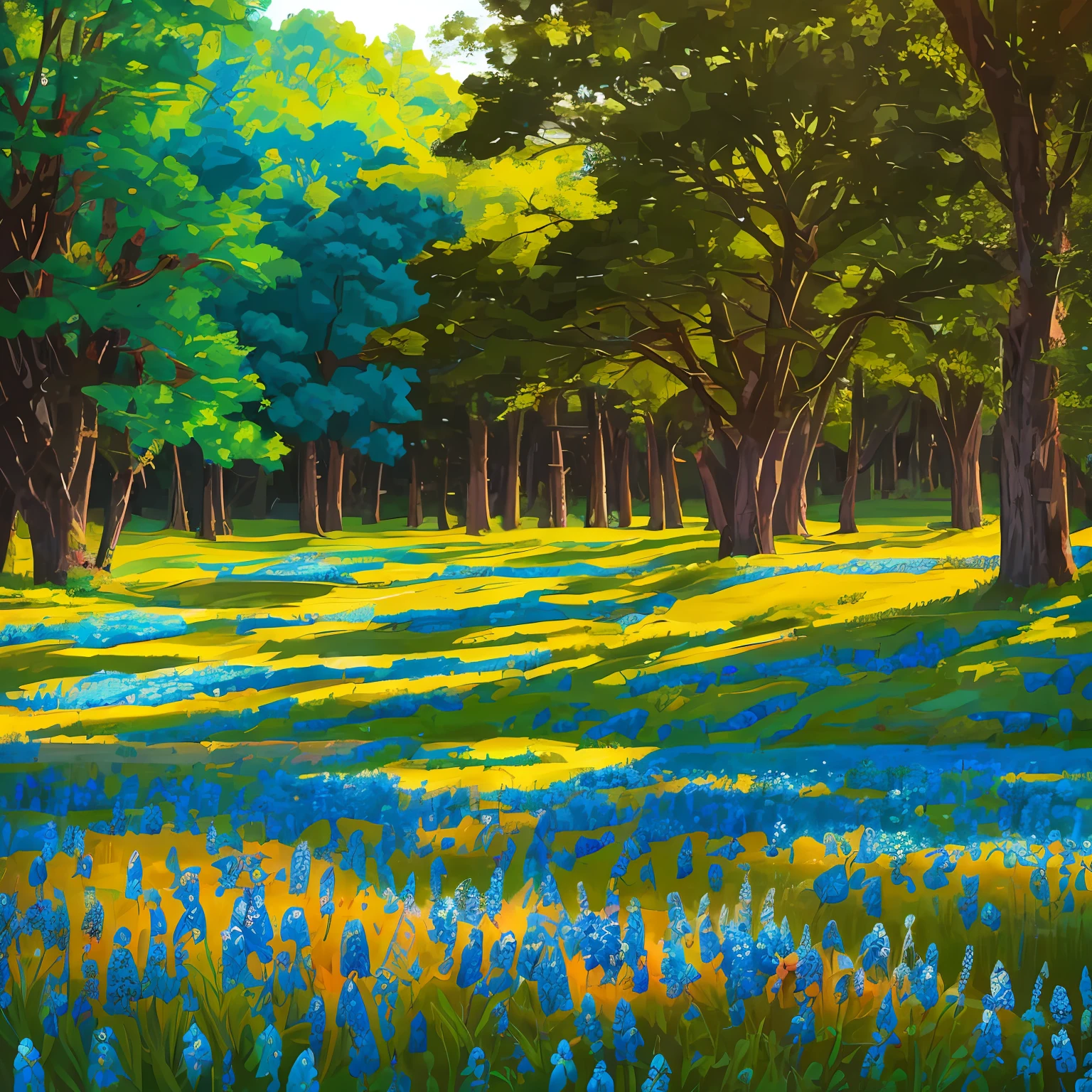 "Photo-realistic depiction of a serene landscape with vibrant bluebonnets and Indian paintbrush flowers blooming in a field. The scene includes three tall trees, a wooden fence, a peaceful pond."