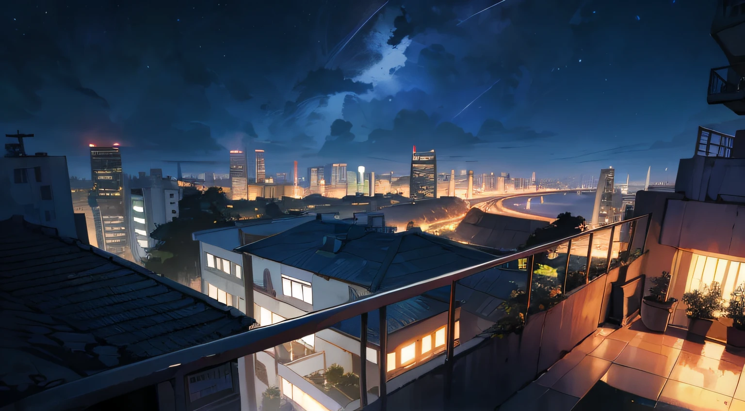 nighttime view of a city with a lot of buildings and a plane flying over, hd anime cityscape, noite calma. digital illustration, inspirado em Makoto Shinkai, arte de fundo do anime, arte de fundo, em estilo de makoto shinkai, Estilo anime cityscape, arte de fantasia urbana estilizada, Paisagem urbana noturna, bela paisagem urbana, night scenery, illustration matte painting