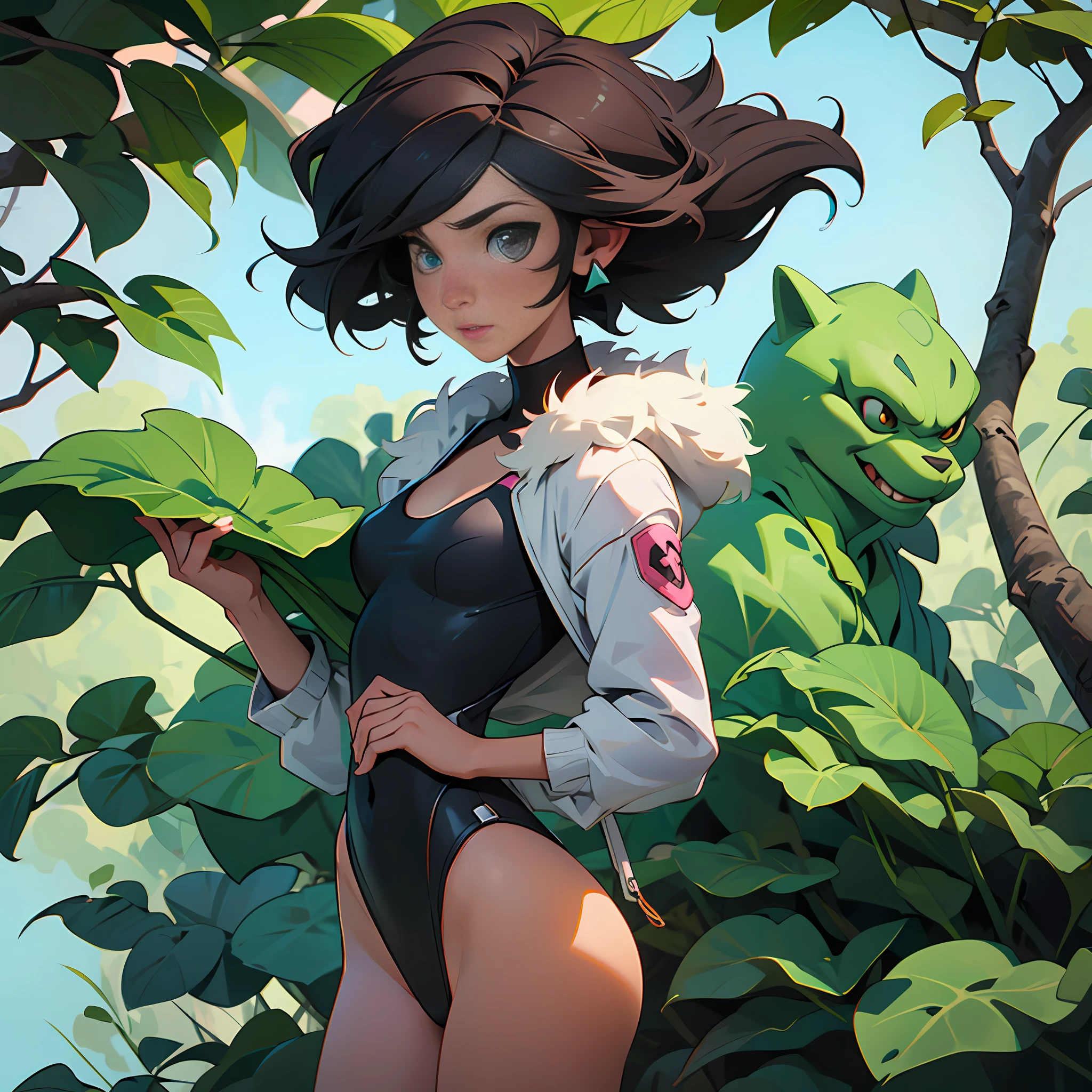 Girl in a swimsuit, fur fluffy suit, Android Details, black fur, black ears, Cute pose, Nya, In the jungle