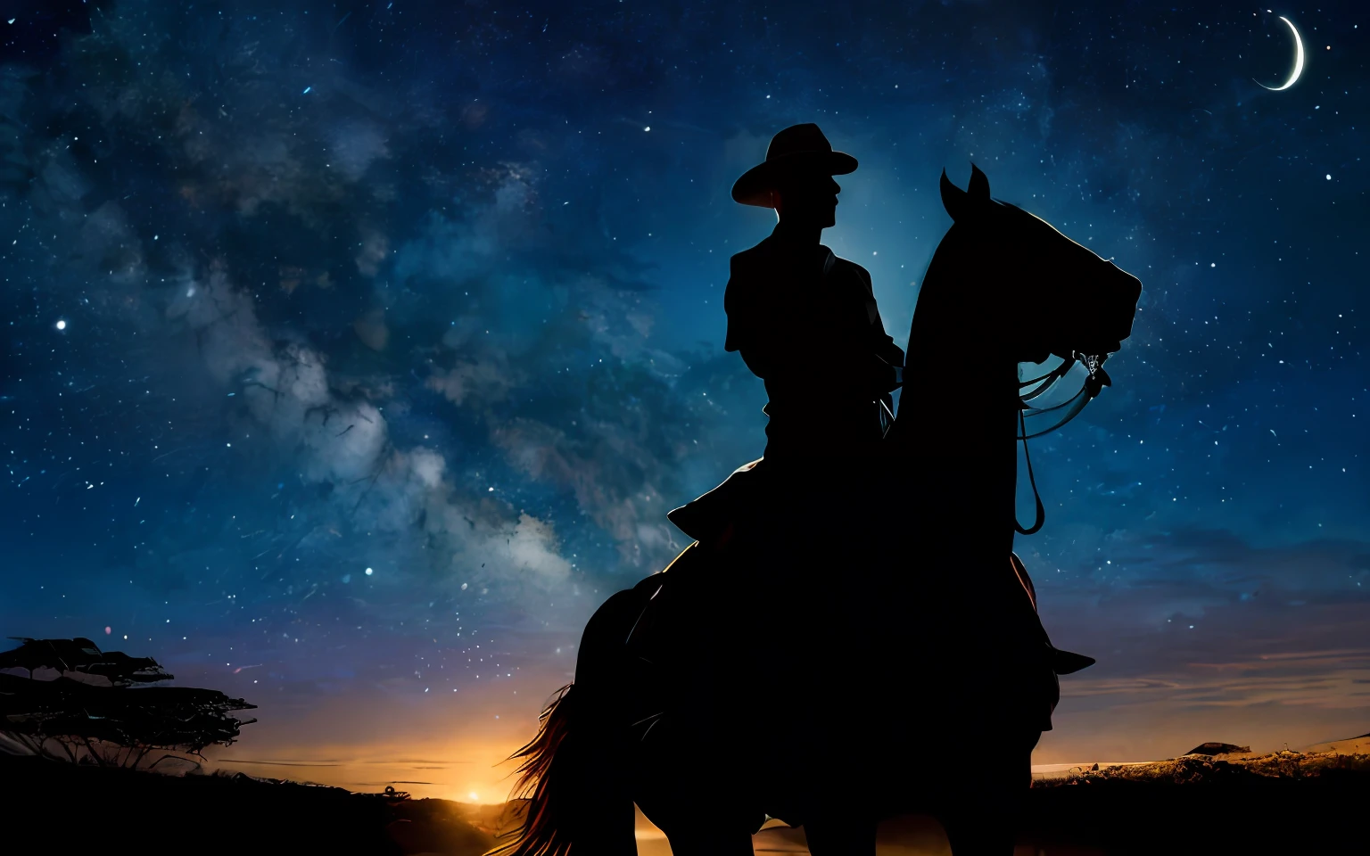 oild painting, dia de maio, melhor qualidade, super detalhado, illustration,,, The man in love is riding his horse, em uma paisagem campestre.
He wears a hat and looks up at the starry sky, with an expression of hope and longing on his face.
He closes his eyes and starts talking out loud, convocando as estrelas.
He asks the stars to bring true love to him, expressing your desire to find someone special to fill your life with happiness and companionship.
He waits in silence, looking up at the sky, aguardando uma resposta., happy expression, meia idade, torcendo, relaxante, tiro de grande angular, olhando para baixo tiro, distanciar , (far from the camera), corpo inteiro, in the Brazilian hinterland