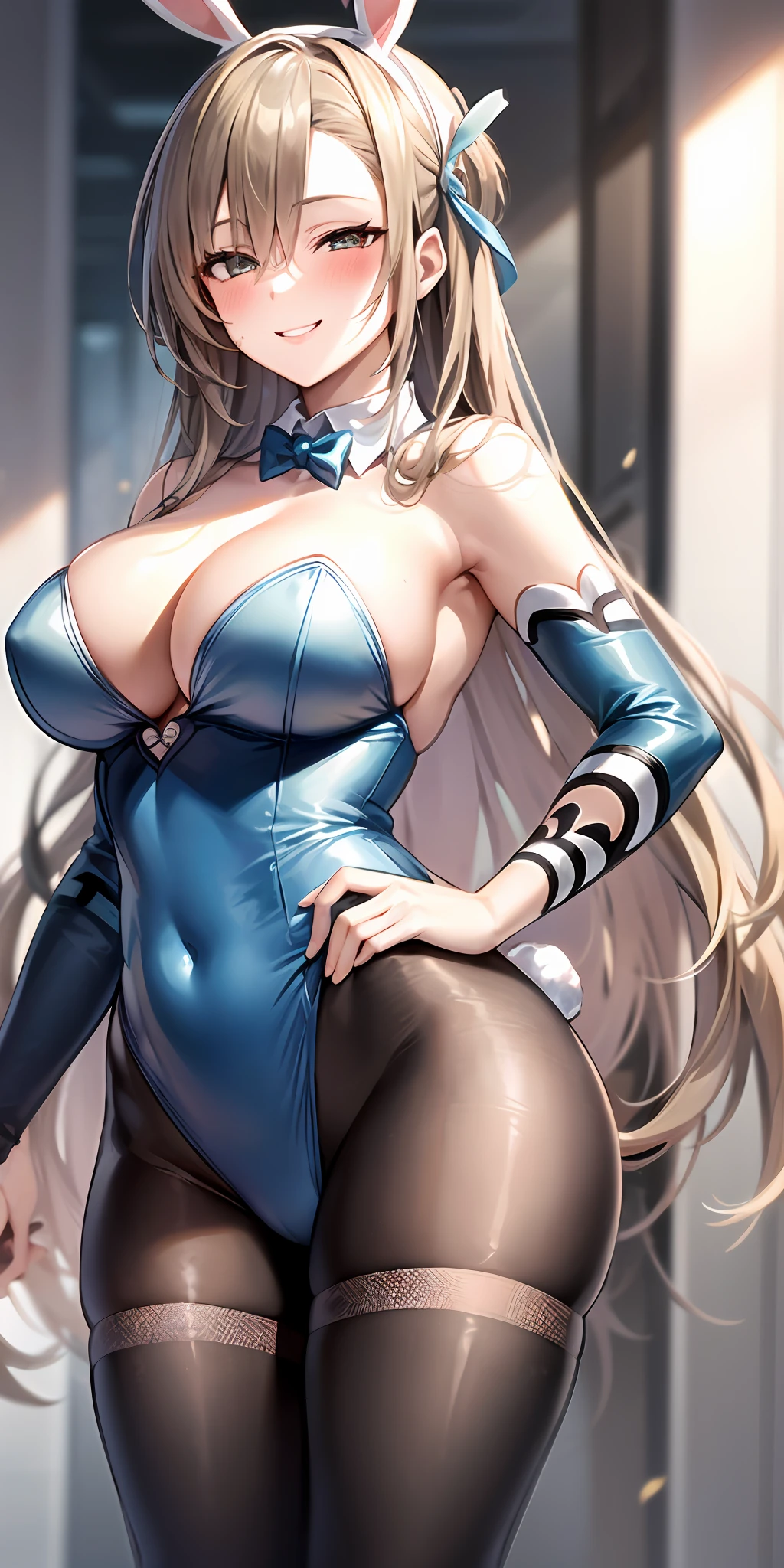 1girl, solo, asuna, long hair, large breasts, (blue bunnysuit), shoulders, thighs, pantyhose, cleavage, smiling, (blushing:1.3), standing, (from below view)