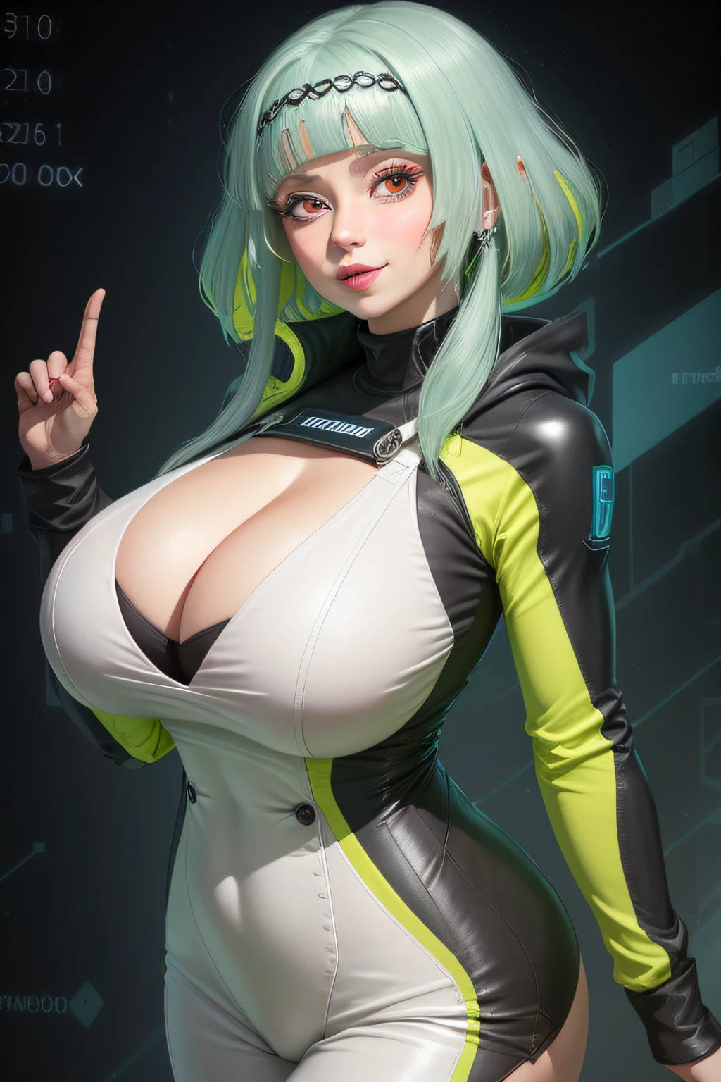 (best quality), big head, face happiness, (ringo with huge breasts:1.2) in a casual outfit at work office, upper body, high tech suit, hacker background, blush,