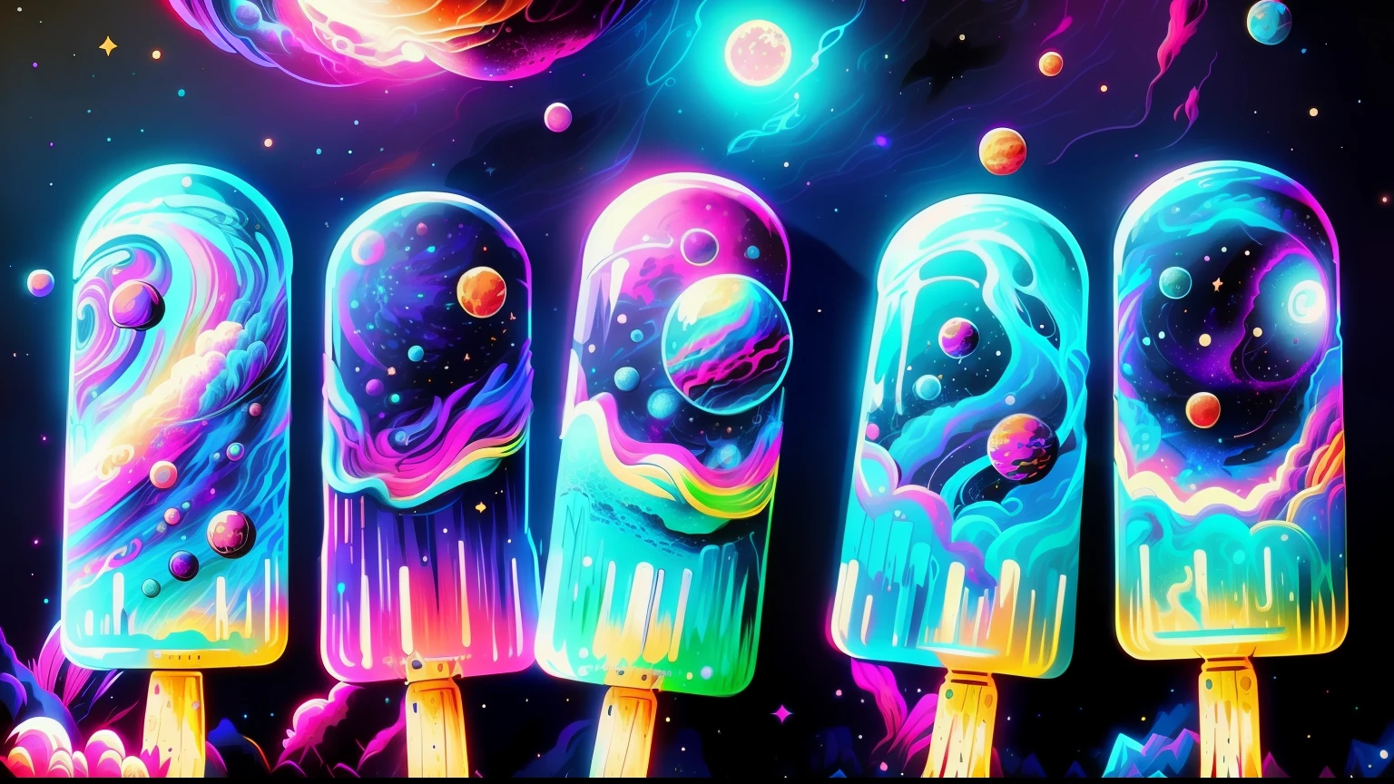 araffiction of pops with a galaxy theme on them, colorful galaxy theme colors, cosmic and colorful, Derretimento de naves espaciais!, cosmic colors, fantasy space, galaxy, espaco sideral, galaxy colored, space colors, Beeple e Jeremias Ketner, cool smooth space colours, inspirado em Cyril Rolando, space theme, gelado, space themed, surreal space, moranguinhos, 8k, --auto