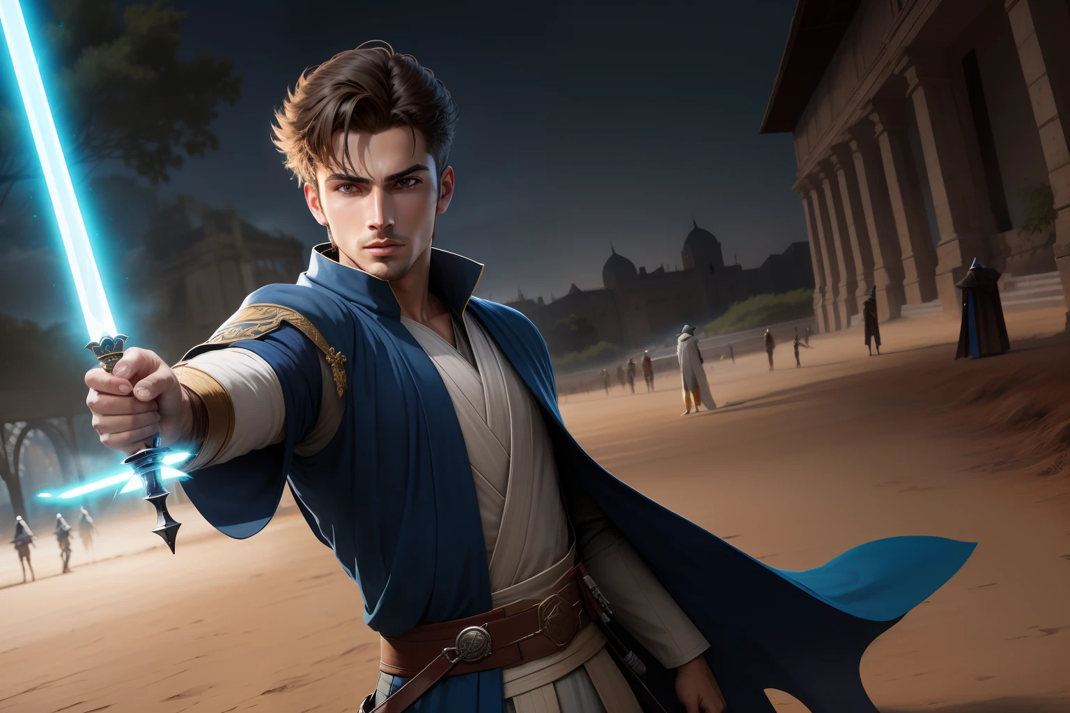 um jedi masculino,
vestindo capa, sabre de luz azul,
num campo de batalha, medieval,