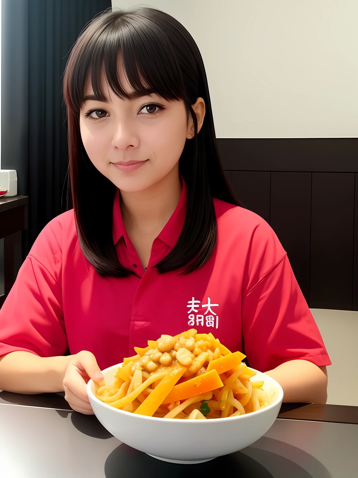 Garota jovem comendo lamen em restaurante