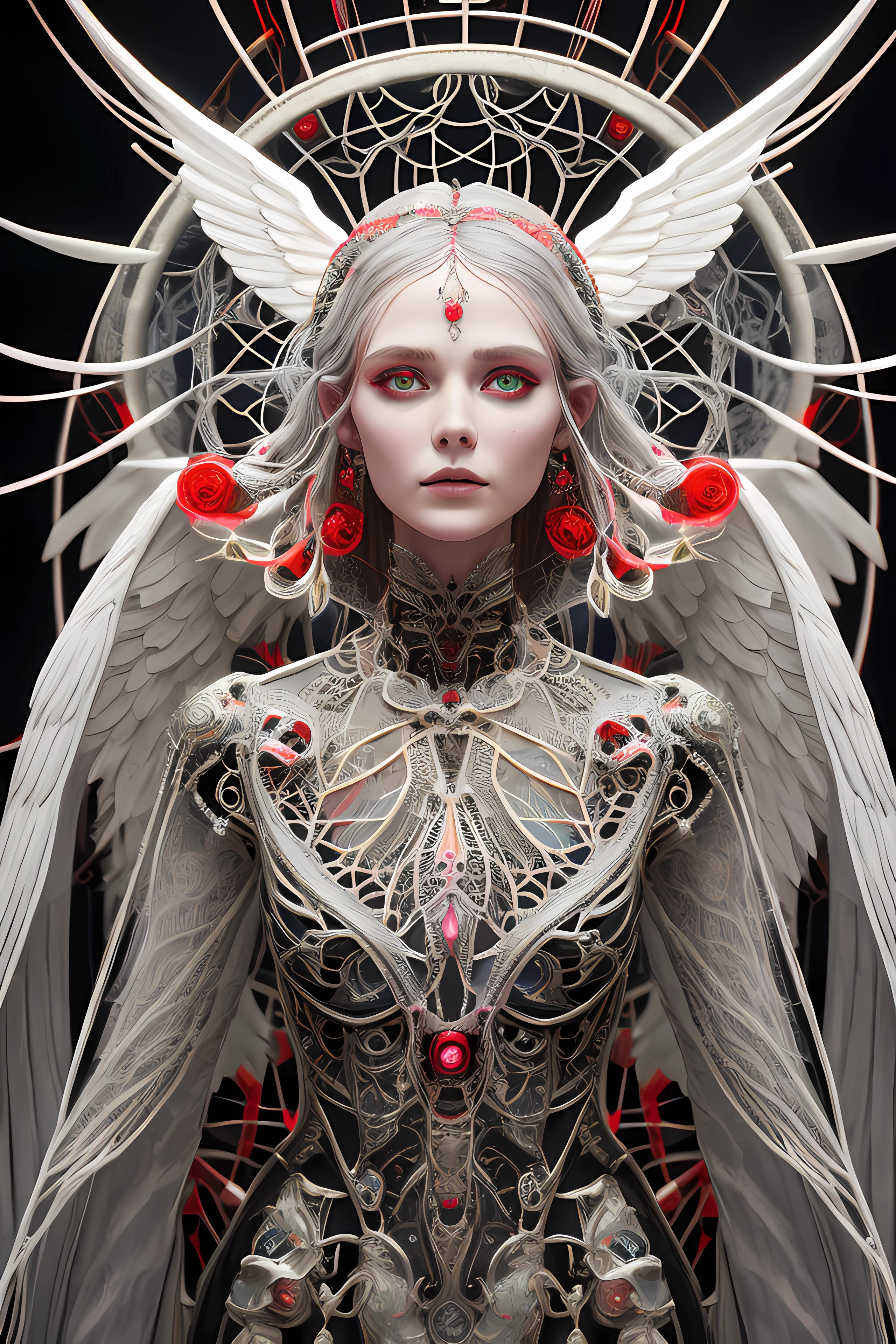 render 3d complex ultra detailed gorgeous angel of death, biomechanical cyborg, 150mm lens, beautiful soft natural light, neon vein, roots, fine foliage lace, colorful details, Boris Bidjan Saberi clothing, pearl earrings, piercing, embroidered art nouveau fashion, intricate details, mesh yarn, mandelbrot fractal, facial muscles, cable wires, microchip, badass, hyper realistic,  ultra detailed, octane rendering, volumetric lighting, 8k post-production, red and white with a bit of black, detailed metallic bones, semi human, iridescent colors, Glenn Brown style, futuristic room, power of the god, high angle shot, complex body poses