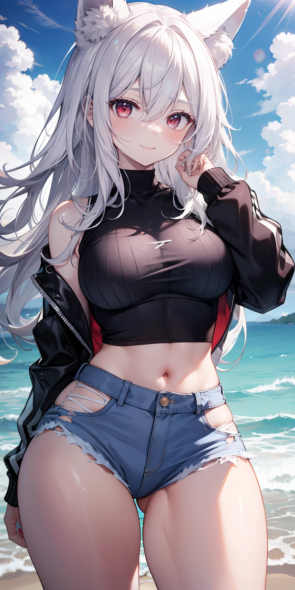 masterpiece, best quality, girl, pale skin, red eyes, giant white hair, ((hair highlights effect)), ((hair between eyes)), sweatshirt, ripped jeans, white sneakers, medium breasts, accessory neck, eyebrow, fox ear, ((perfect)), smile, small waist, big breasts, thick legs, big thigh, background scenery, on the beach, standing, beautiful day, ultra detailed water, pov, looking at the spectator, flushed, lustful,