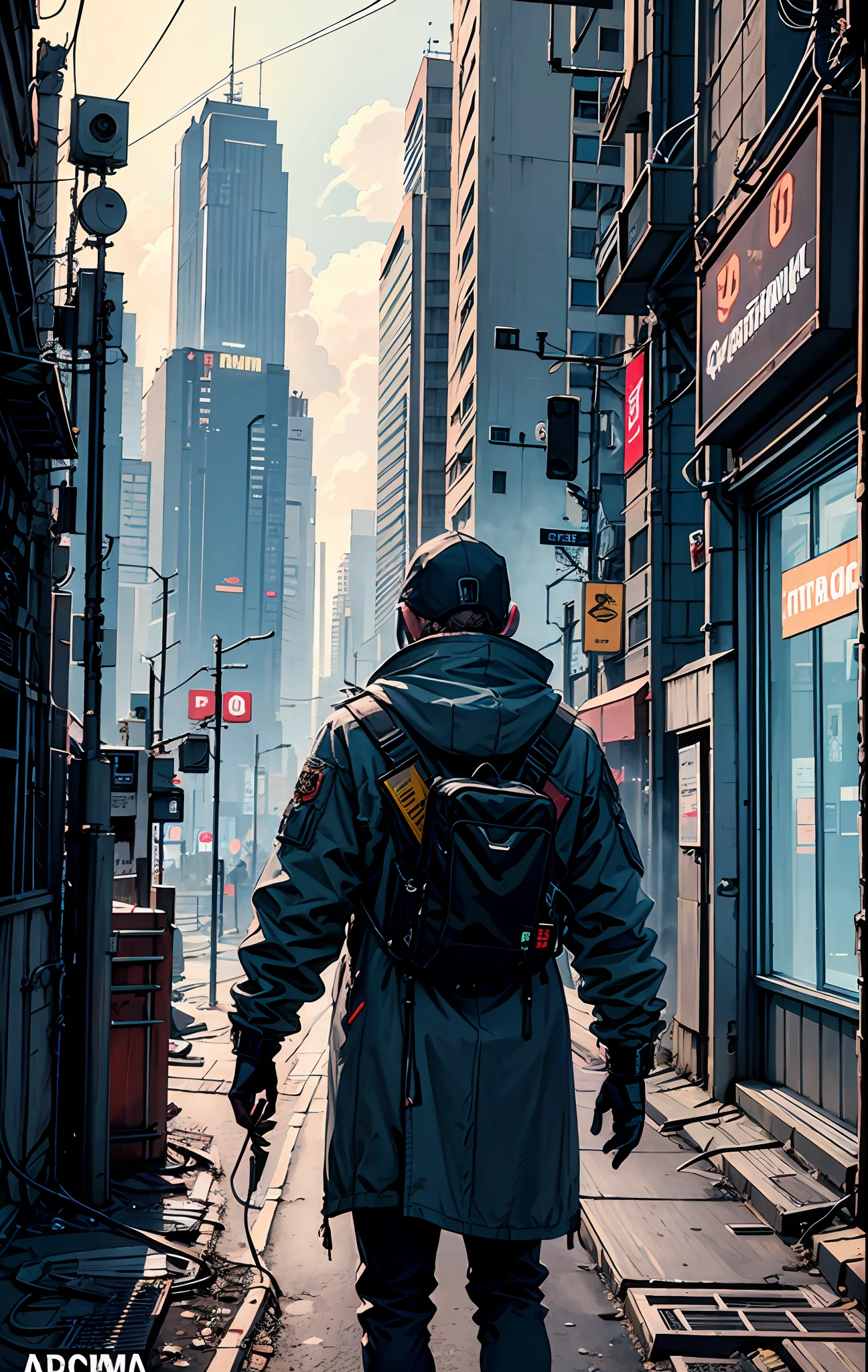Create for me poster with title of technological action of a cyberpunk universe,armas,alta qualidade 4k, cores,