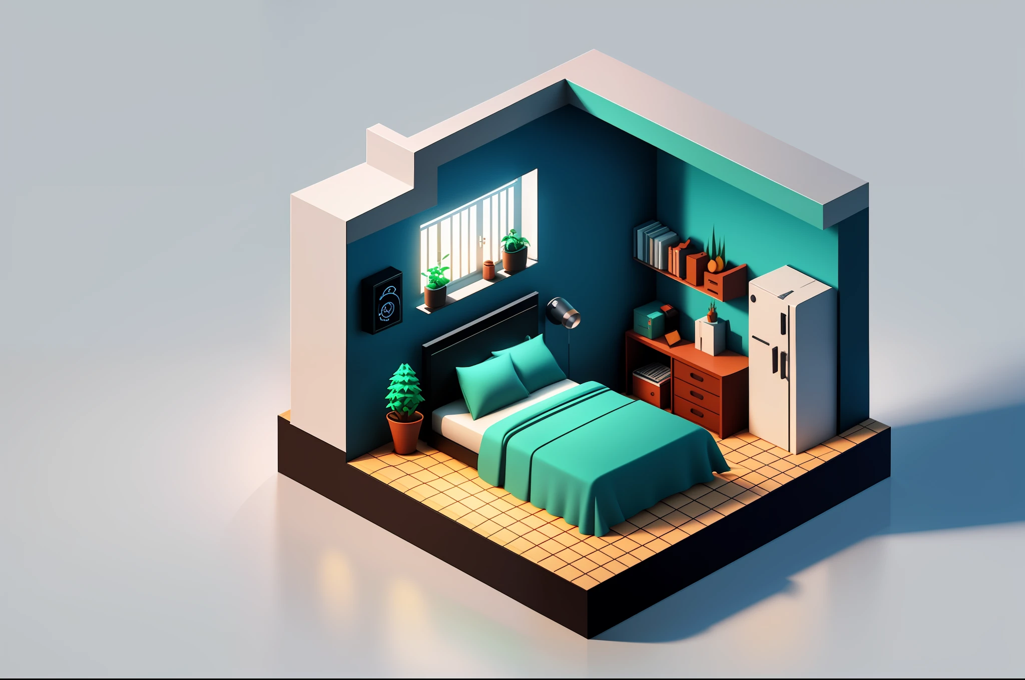 Isometric style, accurate 120 degrees, poly art, stylized 3D rendering, small room, 3D stylized scene,